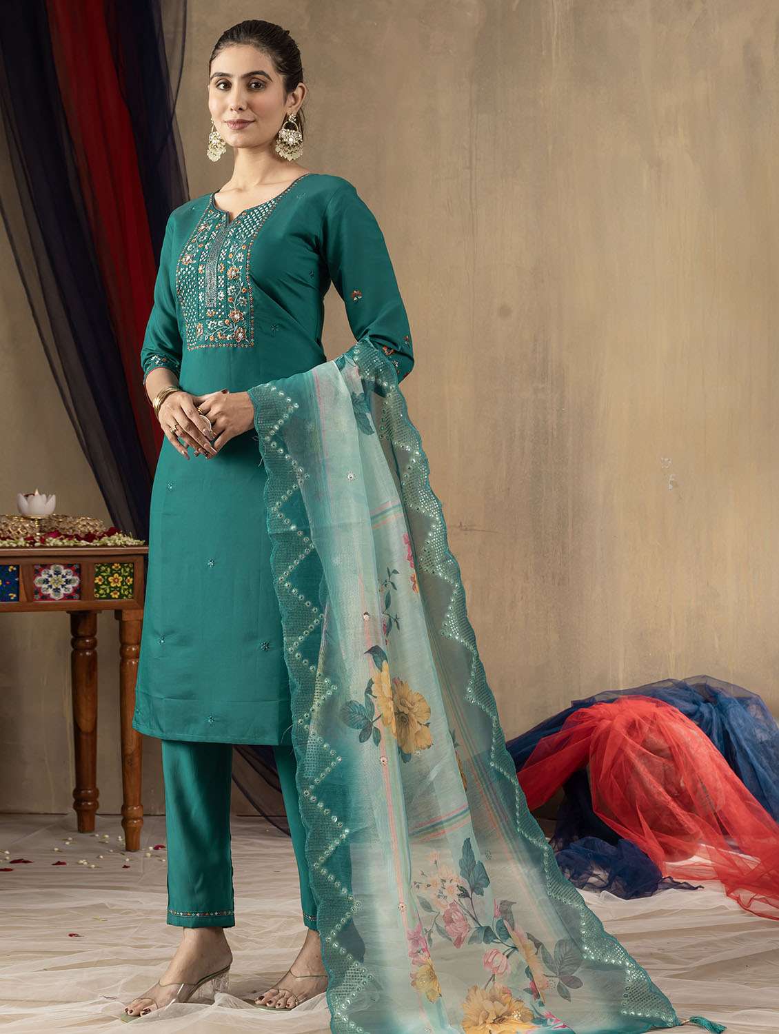 women solid with work three quarter sleeve kurta pant with dupatta set - 22379417 -  Standard Image - 2