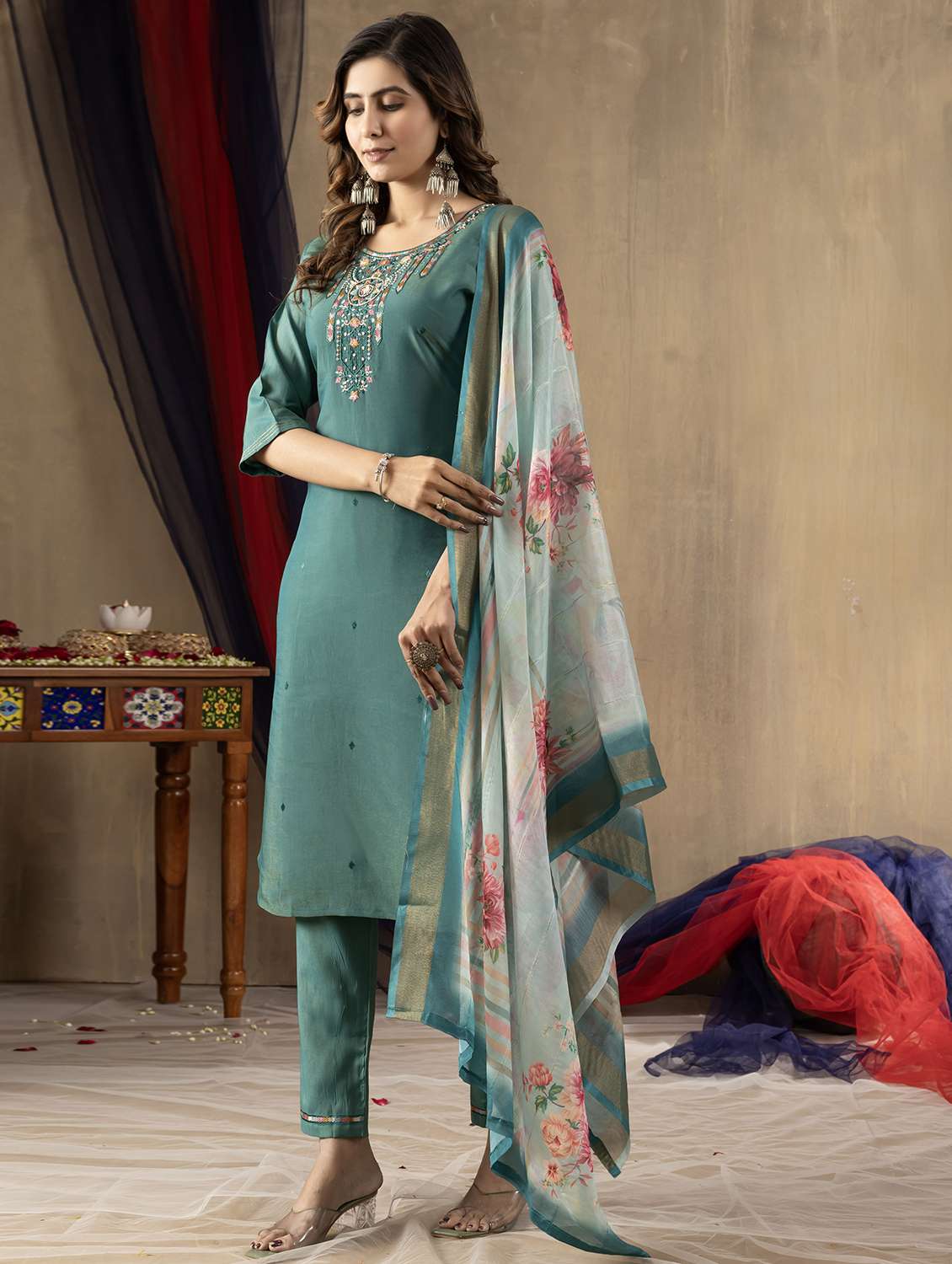 women solid with work three quarter sleeve kurta pant with dupatta set - 22379420 -  Standard Image - 2
