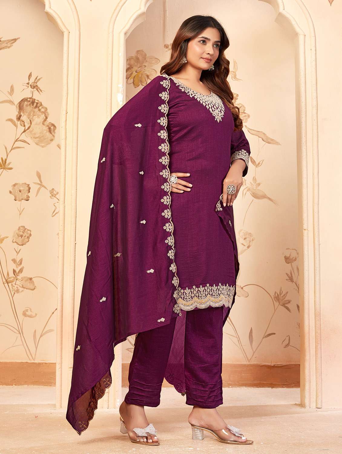 women solid with work three quarter sleeve kurta pant with dupatta set - 22379427 -  Standard Image - 2