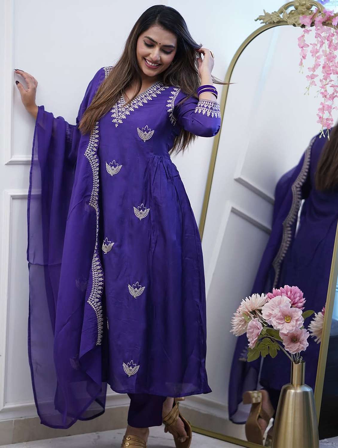 women solid with work three quarter sleeve kurta pant with dupatta set - 22379434 -  Standard Image - 2