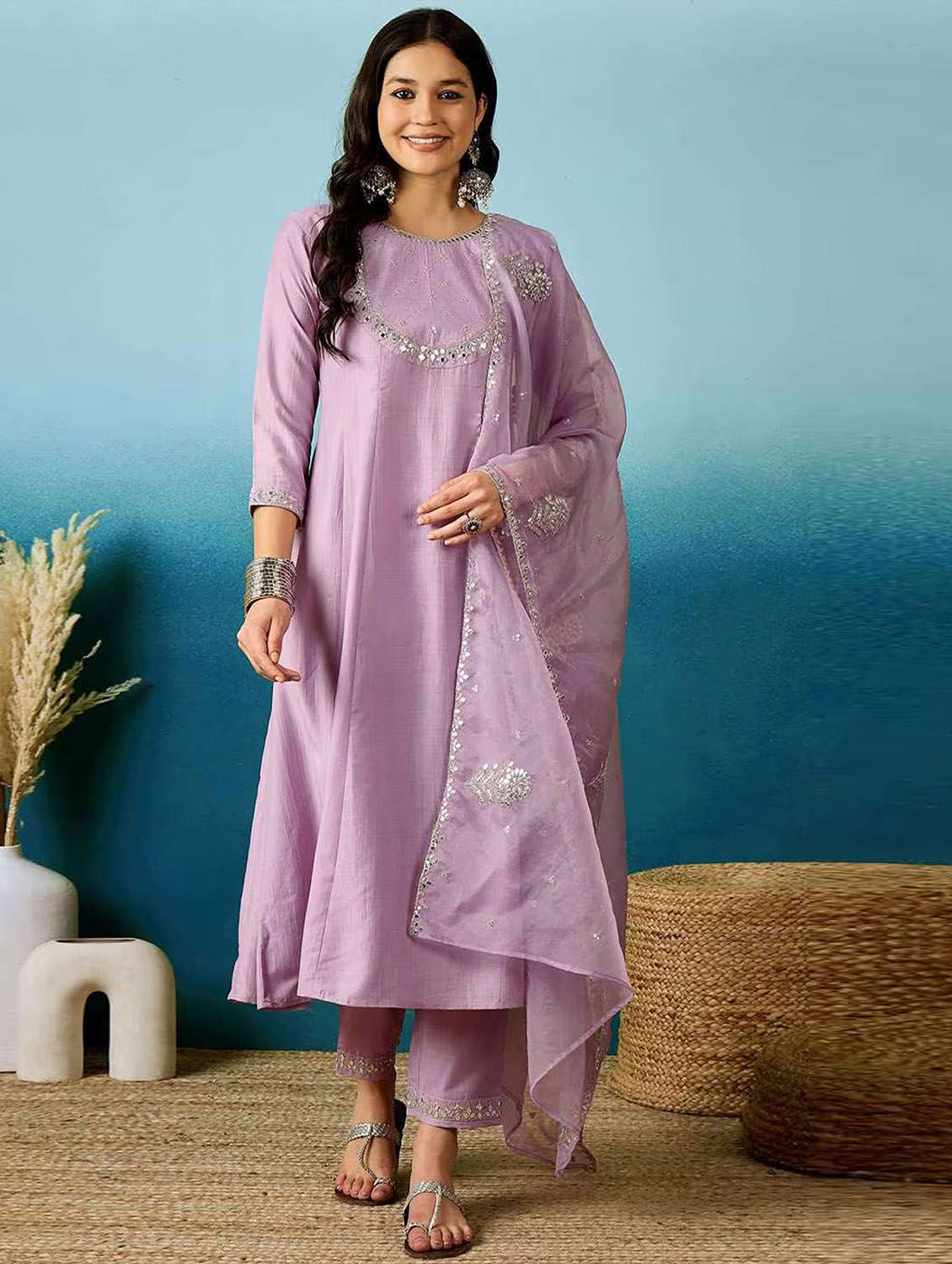 women solid with work three quarter sleeve kurta pant with dupatta set - 22379436 -  Standard Image - 2