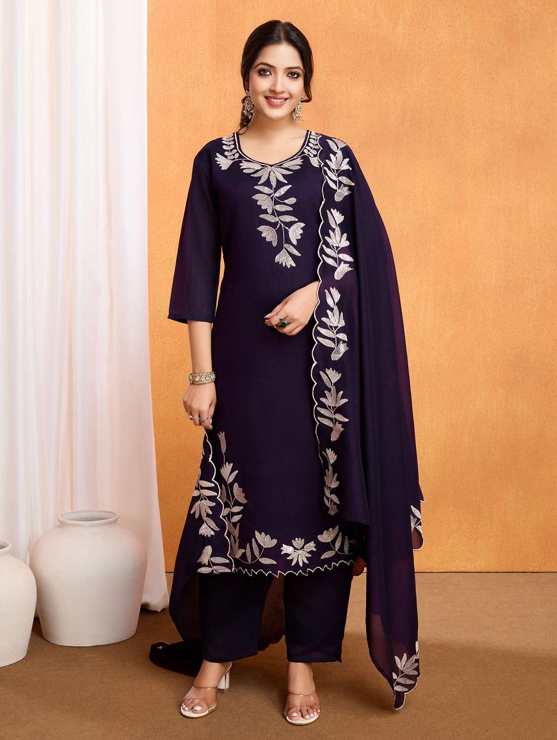 women solid with work three quarter sleeve kurta pant with dupatta set