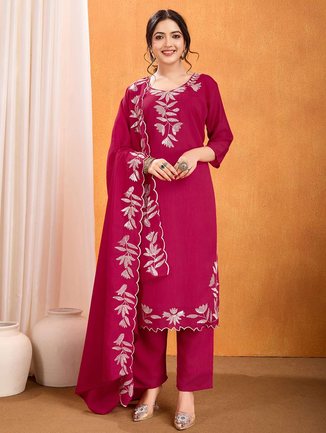 women solid with work three quarter sleeve kurta pant with dupatta set - 22379451 -  Standard Image - 2