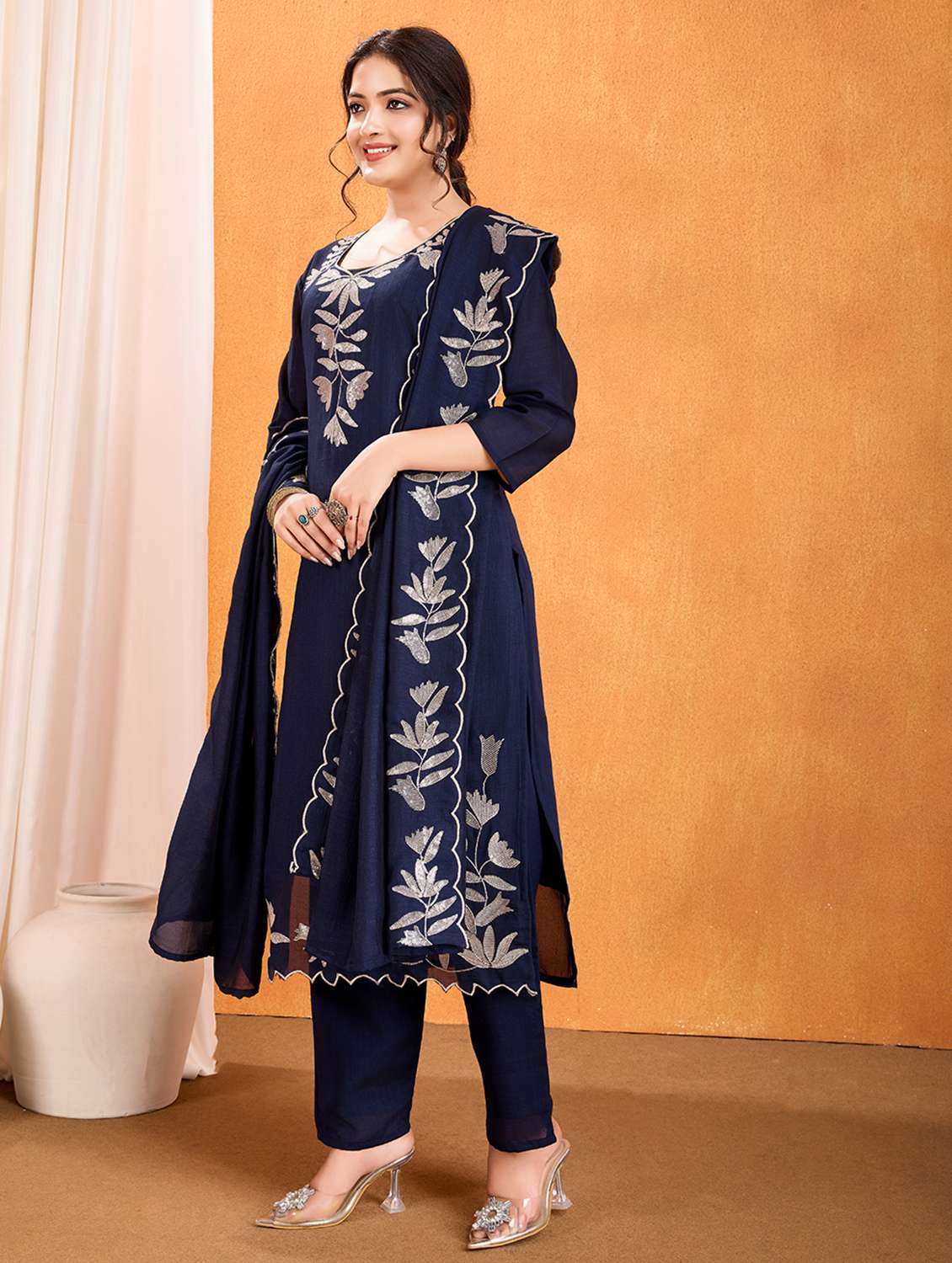 women solid with work three quarter sleeve kurta pant with dupatta set - 22379452 -  Standard Image - 2