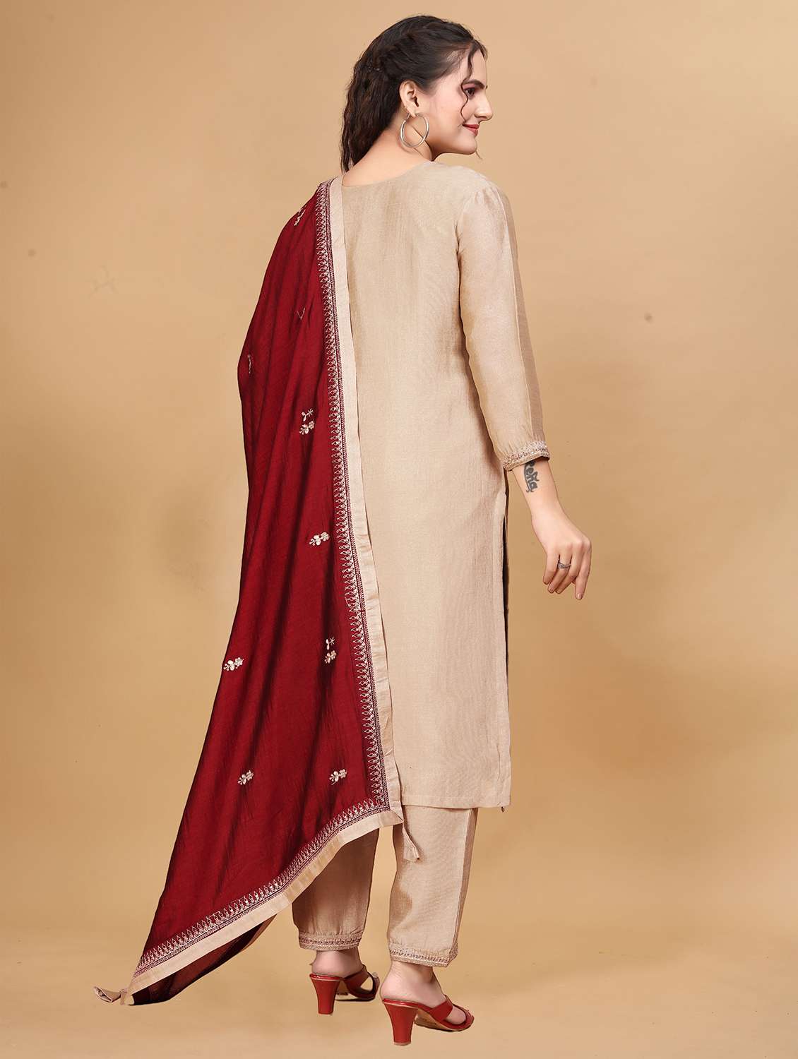 women solid with work three quarter sleeve kurta pant with dupatta set - 22379456 -  Standard Image - 2