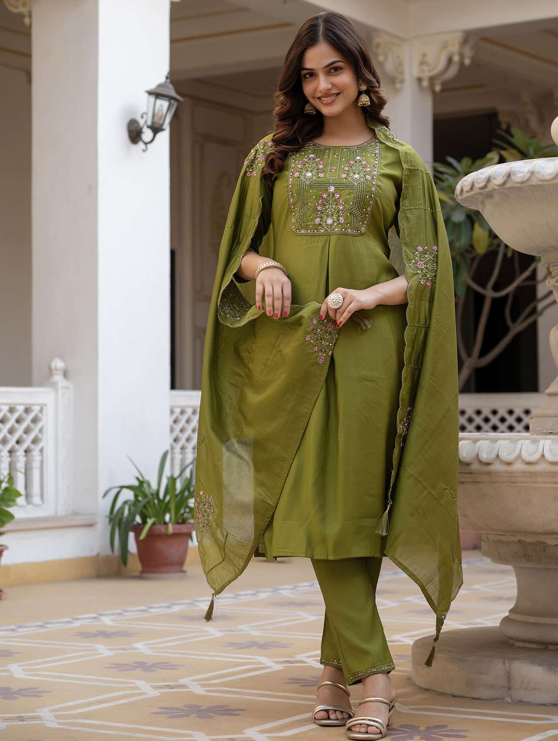 women solid with work three quarter sleeve kurta pant with dupatta set - 22379459 -  Standard Image - 2
