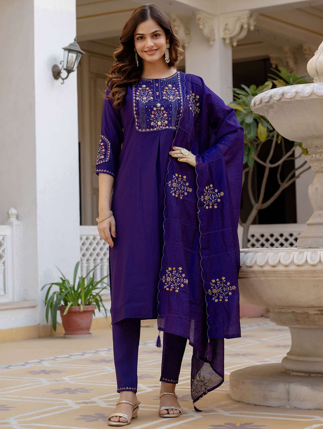 women solid with work three quarter sleeve kurta pant with dupatta set - 22379462 -  Standard Image - 2