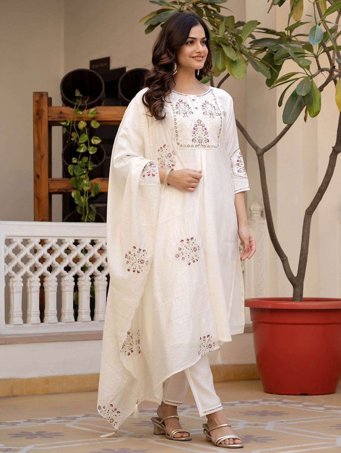 women solid with work three quarter sleeve kurta pant with dupatta set - 22379463 -  Standard Image - 2