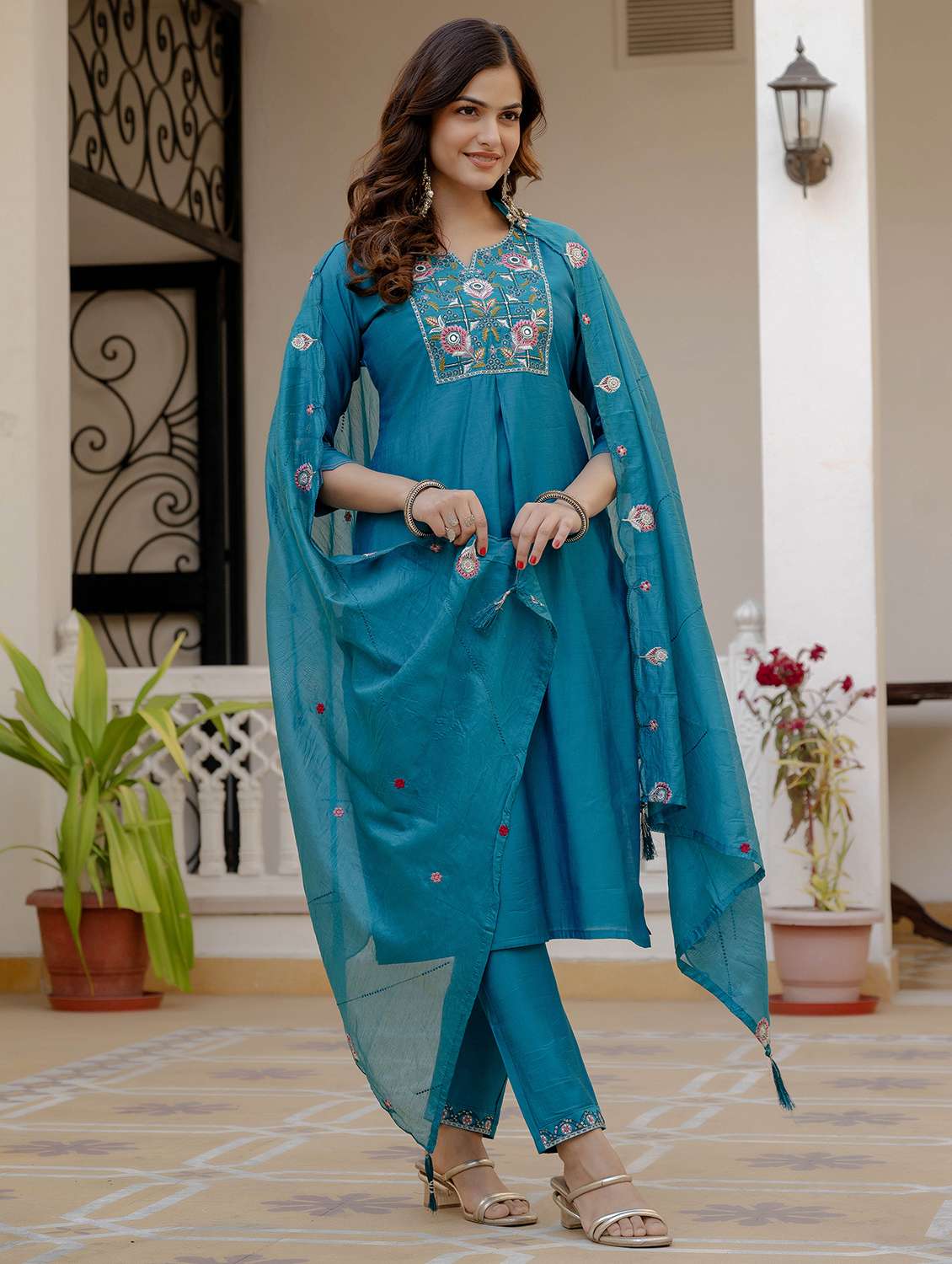 women solid with work three quarter sleeve kurta pant with dupatta set - 22379465 -  Standard Image - 2