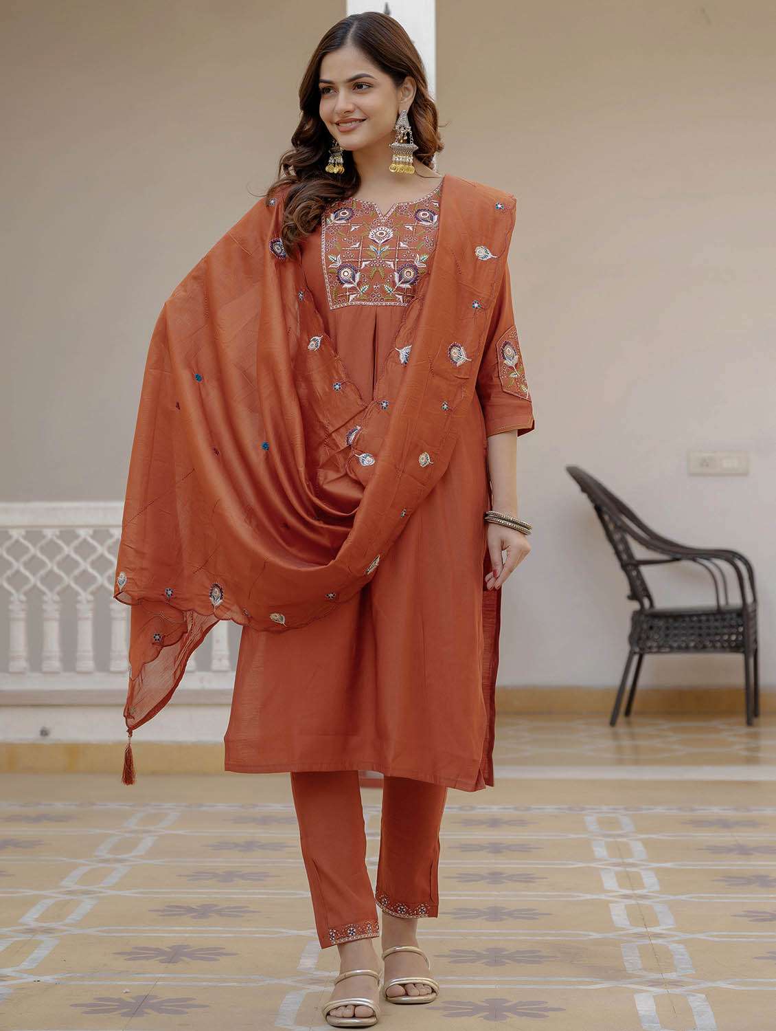 women solid with work three quarter sleeve kurta pant with dupatta set - 22379468 -  Standard Image - 2