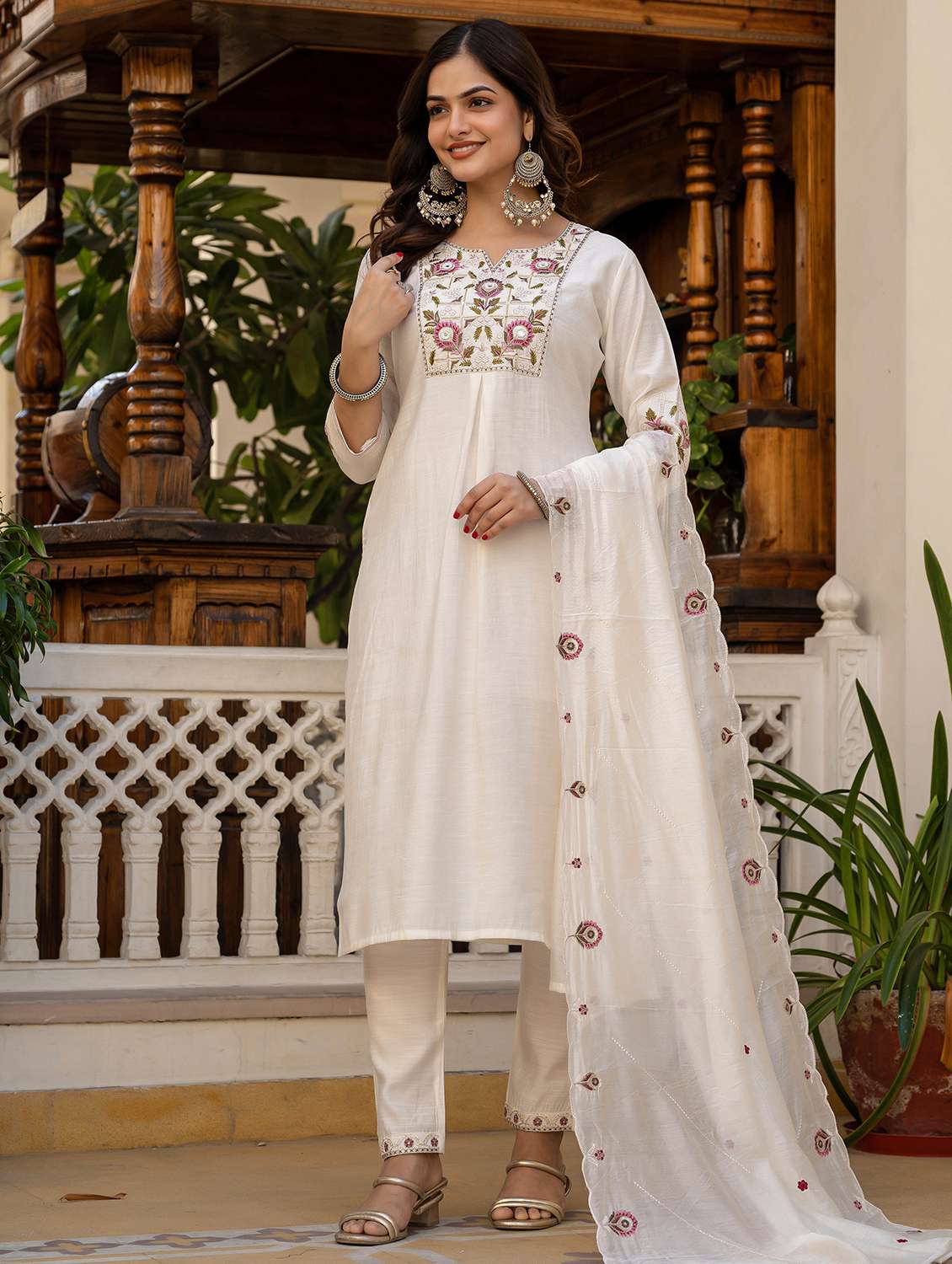 women solid with work three quarter sleeve kurta pant with dupatta set - 22379469 -  Standard Image - 2