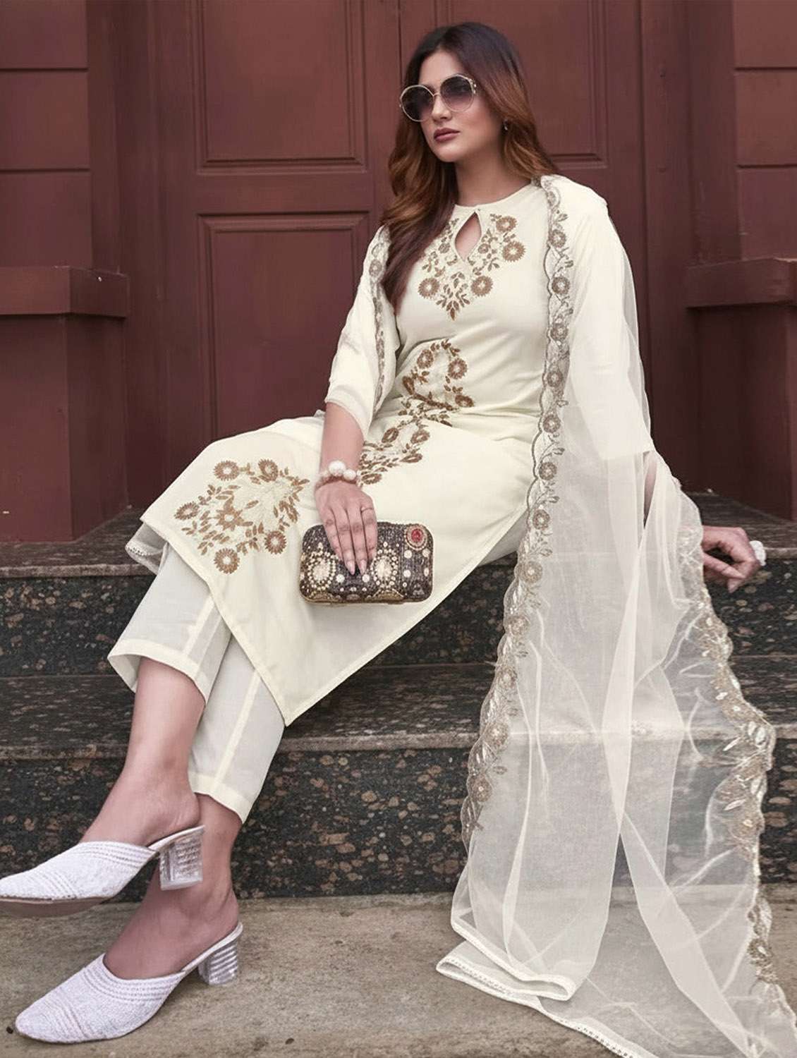 women solid with work three quarter sleeve kurta pant with dupatta set - 22379472 -  Standard Image - 2