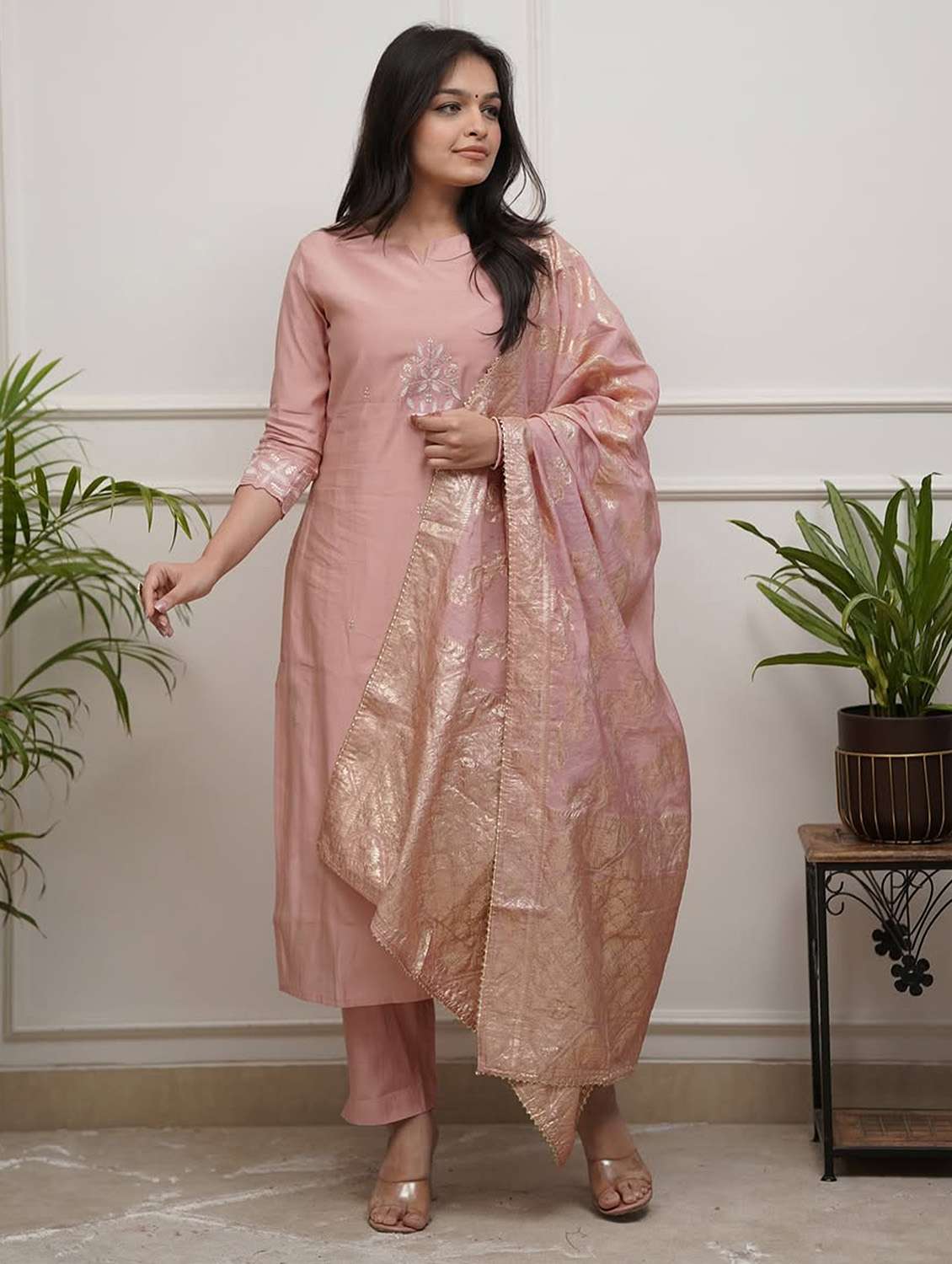 women solid with work three quarter sleeve kurta pant with dupatta set - 22379481 -  Standard Image - 2