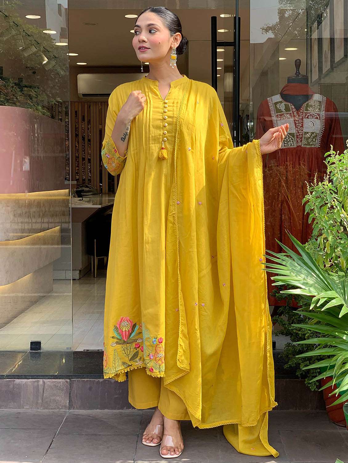 women solid with work three quarter sleeve kurta pant with dupatta set - 22379489 -  Standard Image - 2