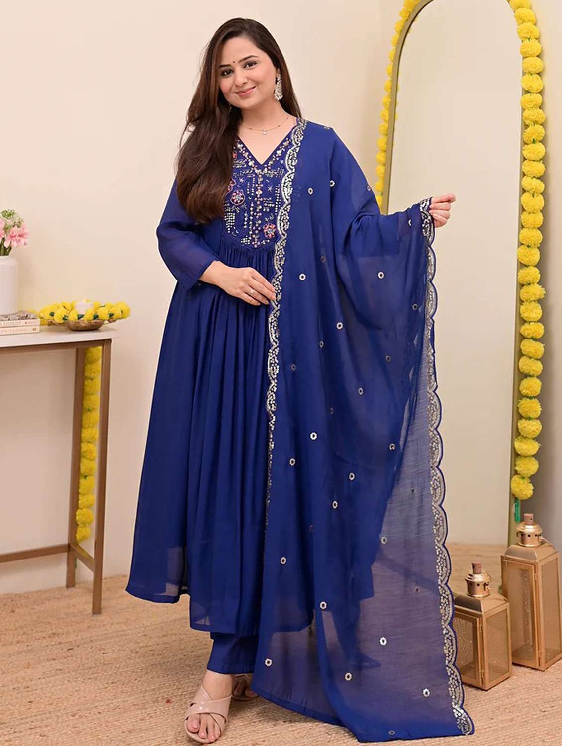 women solid with work three quarter sleeve kurta pant with dupatta set - 22379493 -  Standard Image - 2