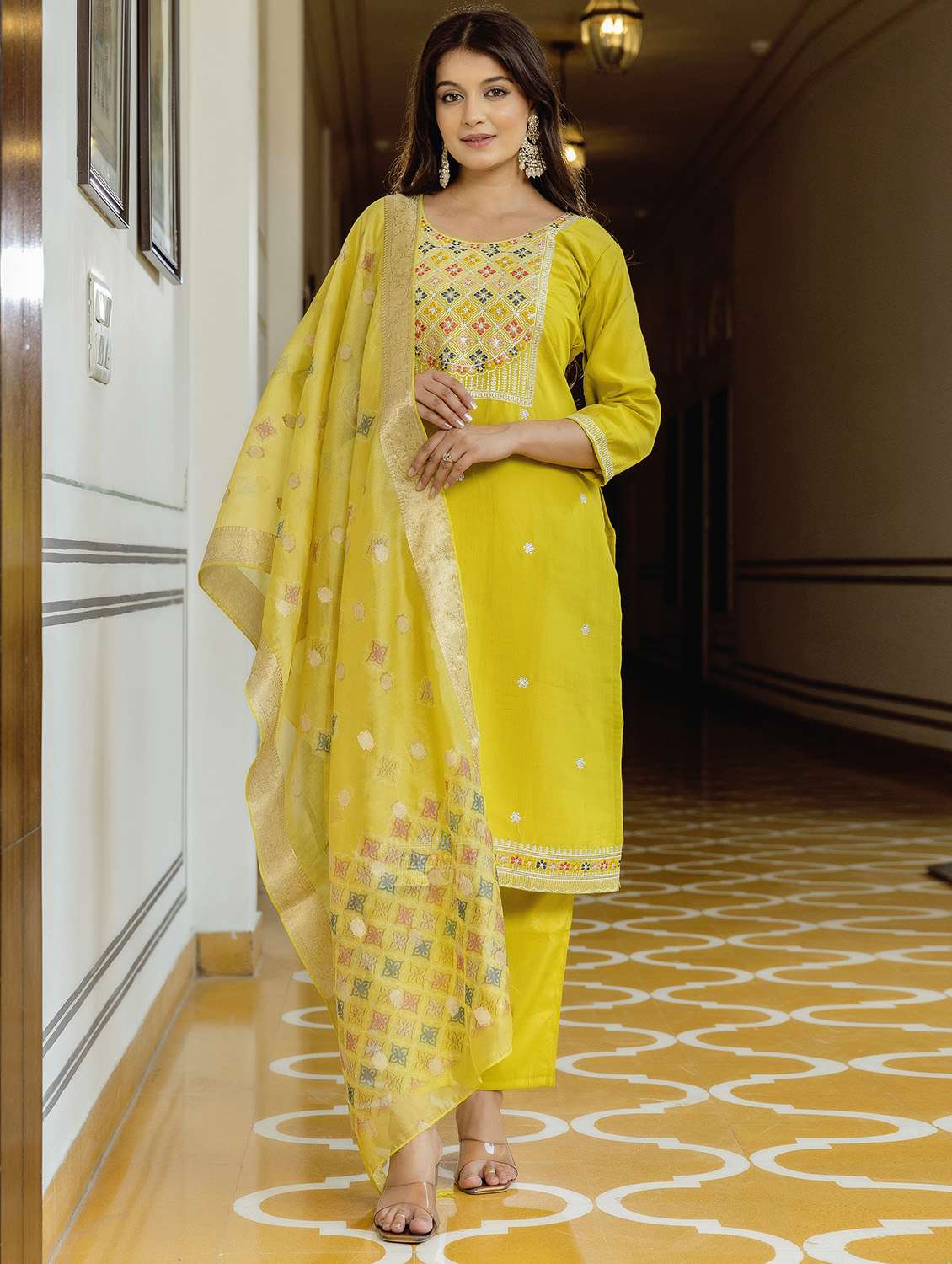 women solid with work three quarter sleeve kurta pant with dupatta set - 22379500 -  Standard Image - 2