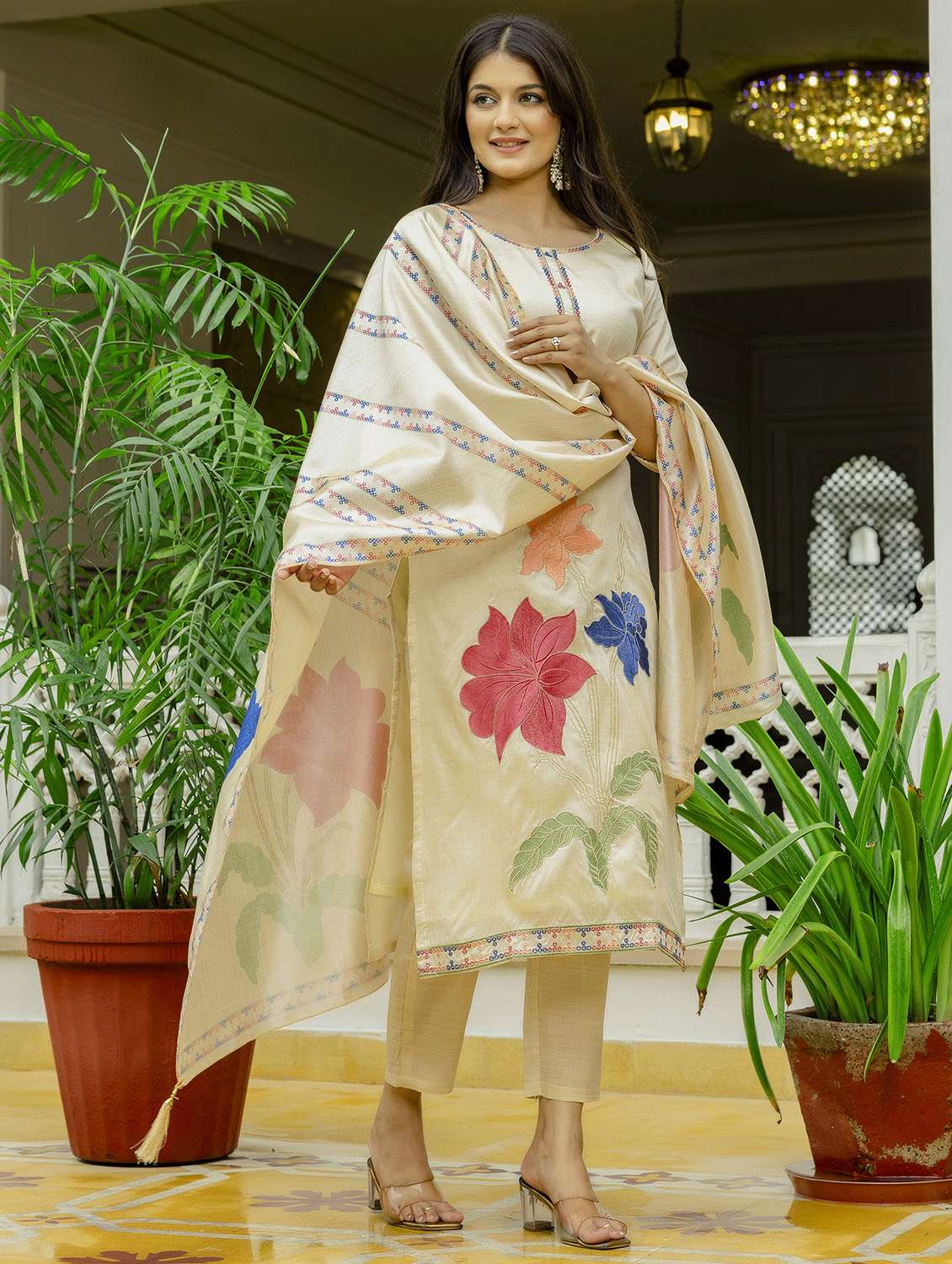 women solid with work three quarter sleeve kurta pant with dupatta set - 22379501 -  Standard Image - 2