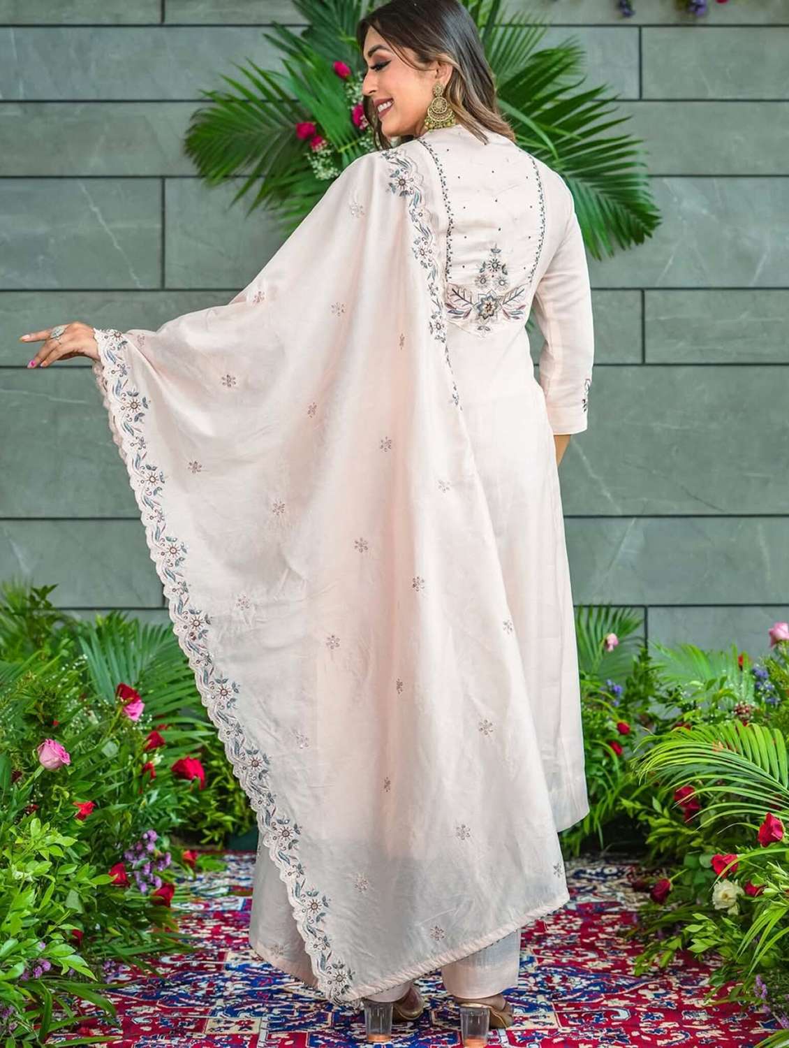 women solid with work three quarter sleeve kurta pant with dupatta set - 22379508 -  Standard Image - 2