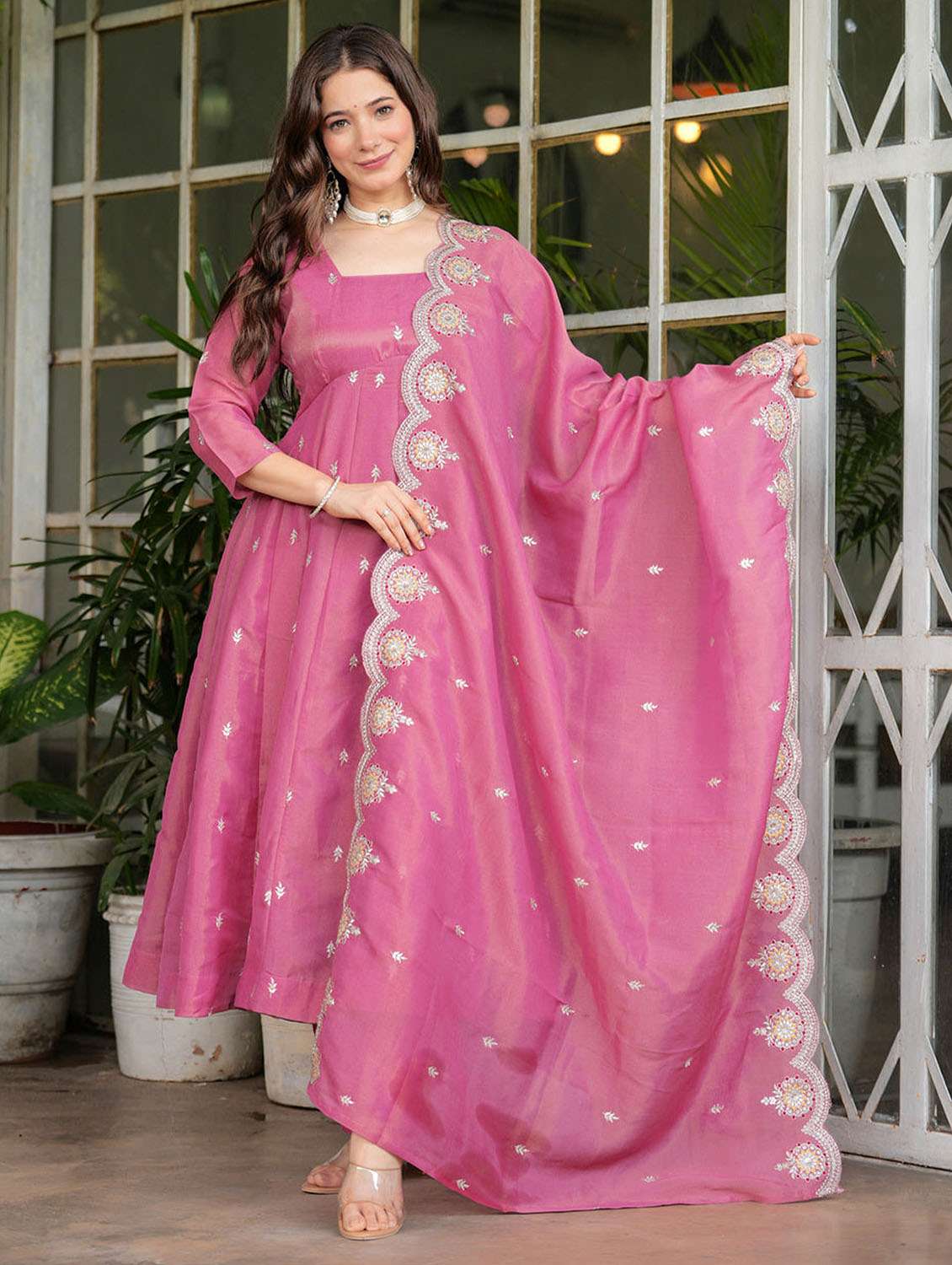 women solid with work three quarter sleeve kurta pant with dupatta set