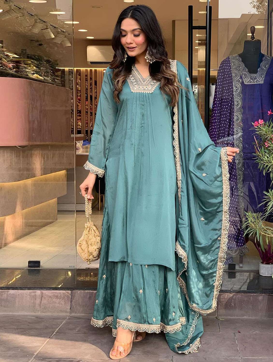 women solid with work long sleeve kurta sharara with dupatta set - 22379527 -  Standard Image - 2