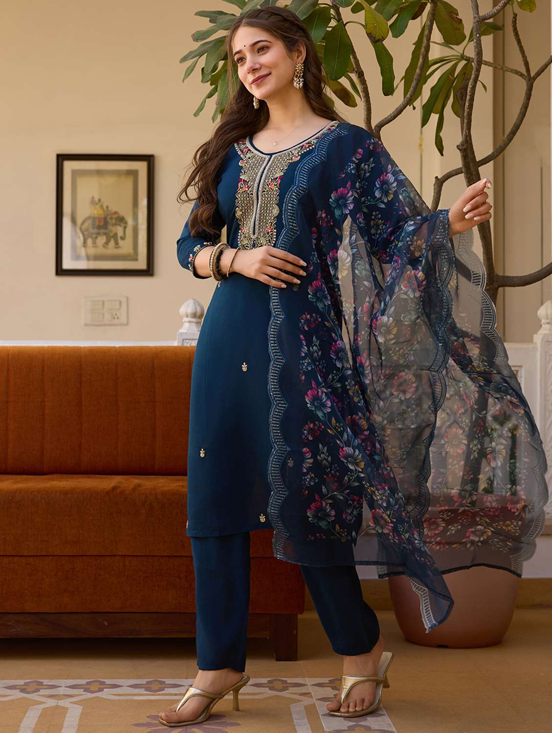women solid with work three quarter sleeve kurta pant with dupatta set - 22379528 -  Standard Image - 2