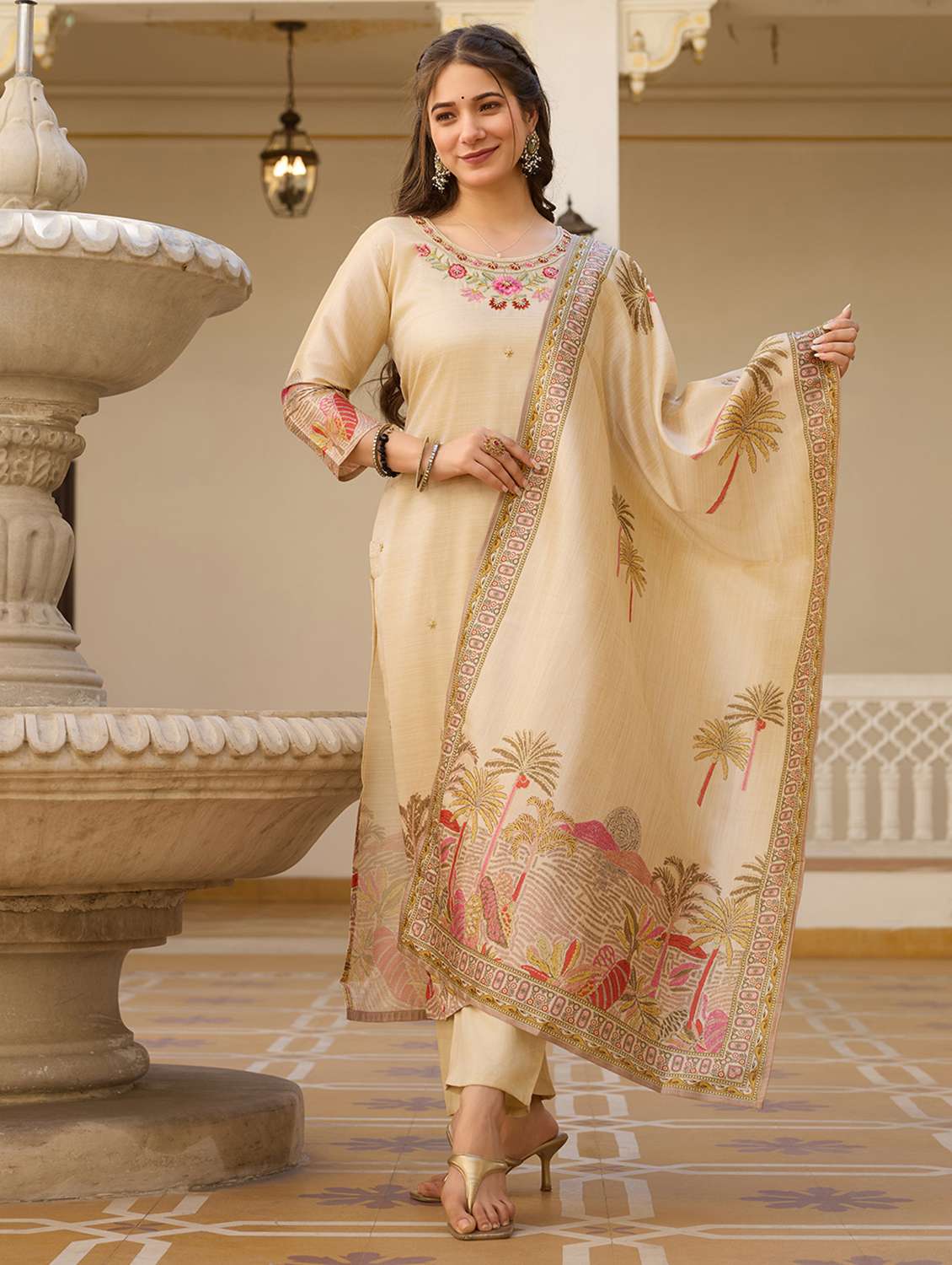 women solid with work three quarter sleeve kurta pant with dupatta set