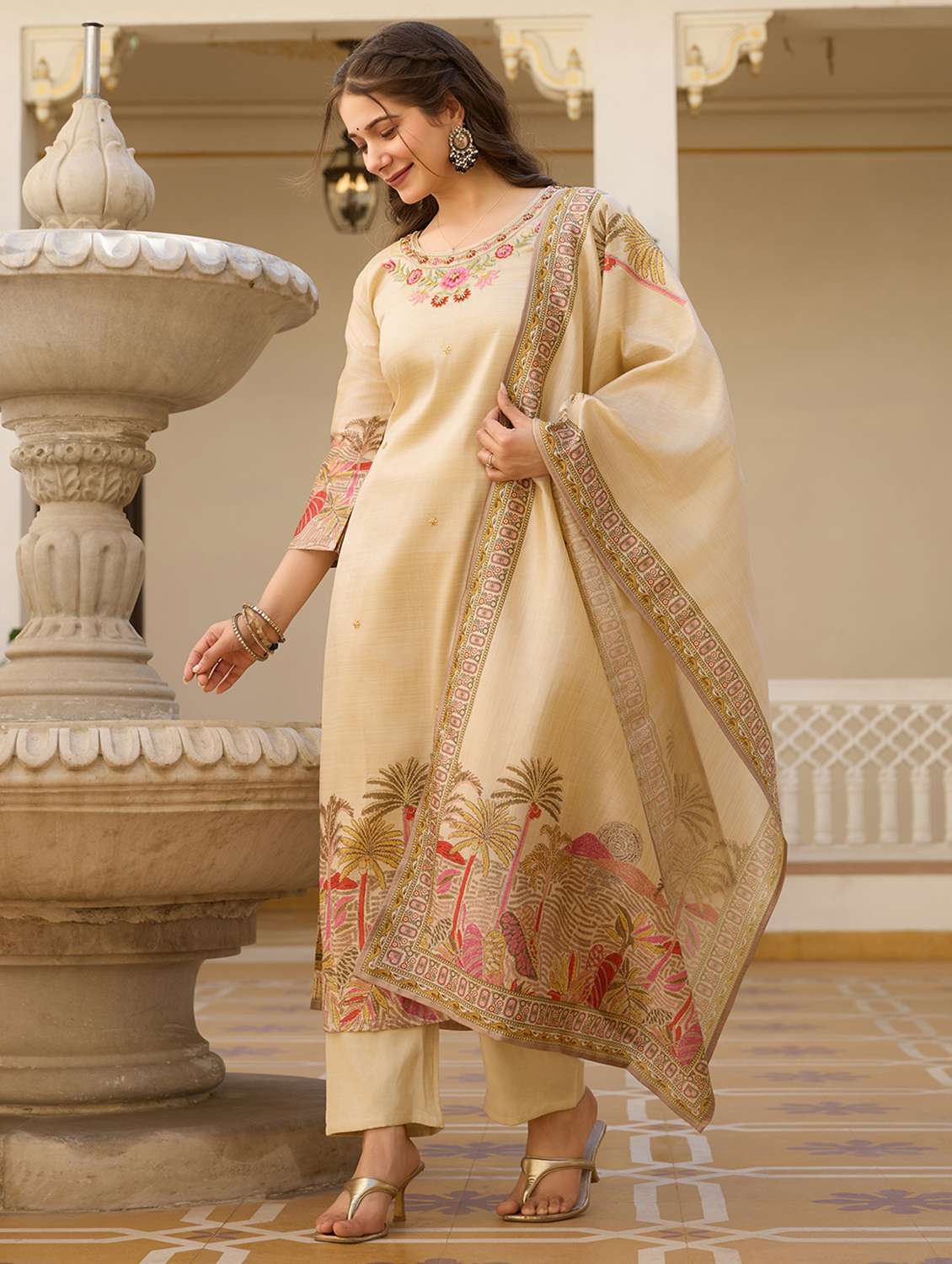 women solid with work three quarter sleeve kurta pant with dupatta set - 22379529 -  Standard Image - 2