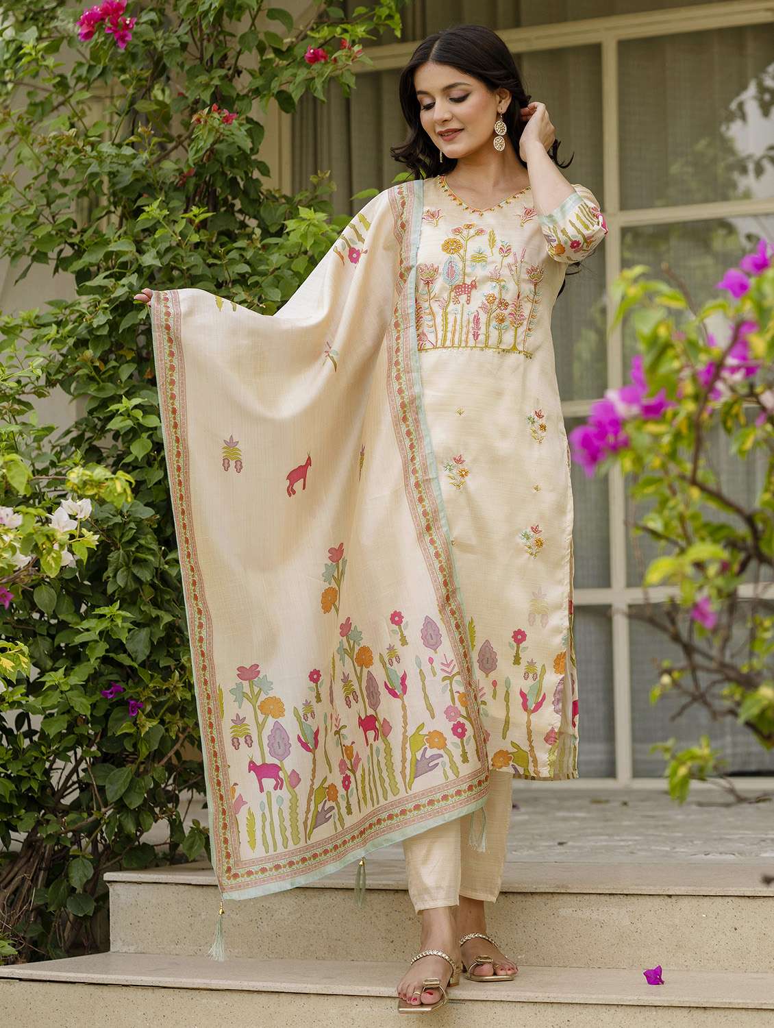 women printed three quarter sleeve kurta pant with dupatta set - 22379533 -  Standard Image - 2