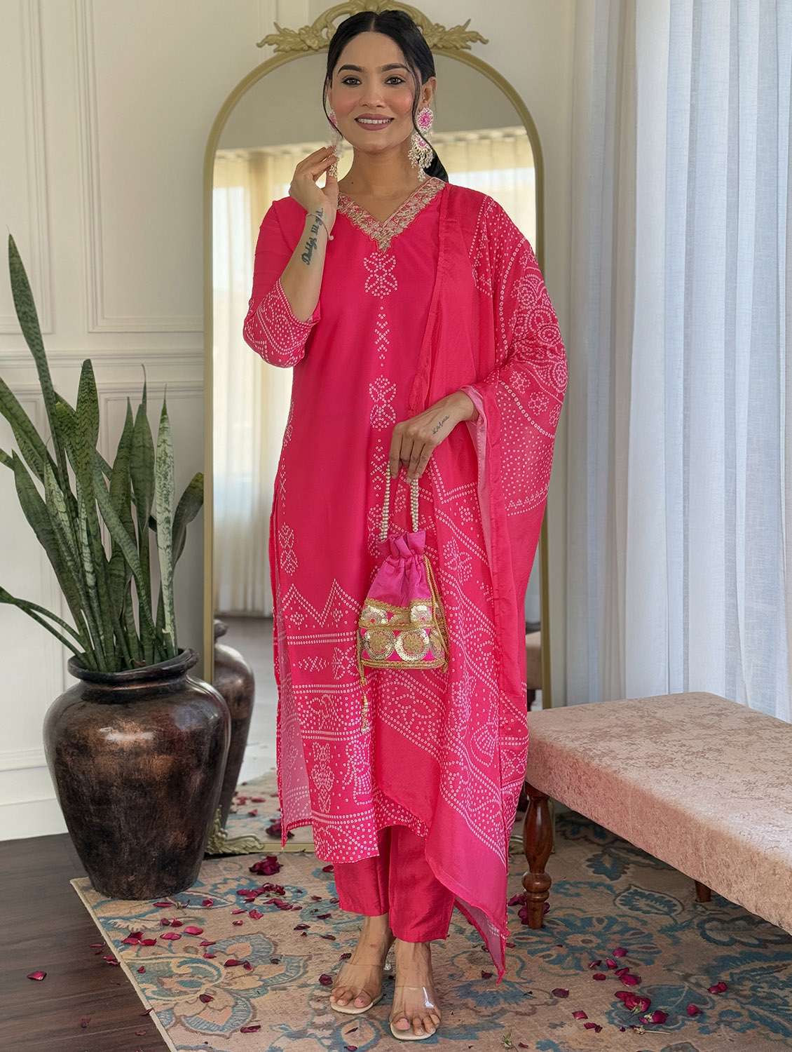 women bandhani three quarter sleeve kurta pant with dupatta set - 22379539 -  Standard Image - 2
