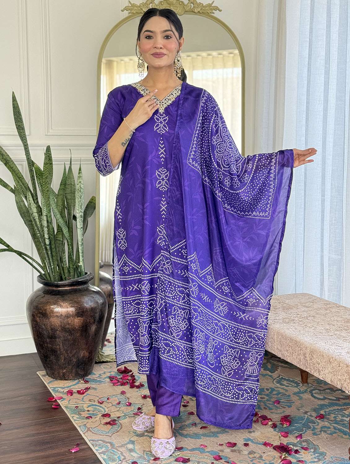 women bandhani three quarter sleeve kurta pant with dupatta set - 22379540 -  Standard Image - 2