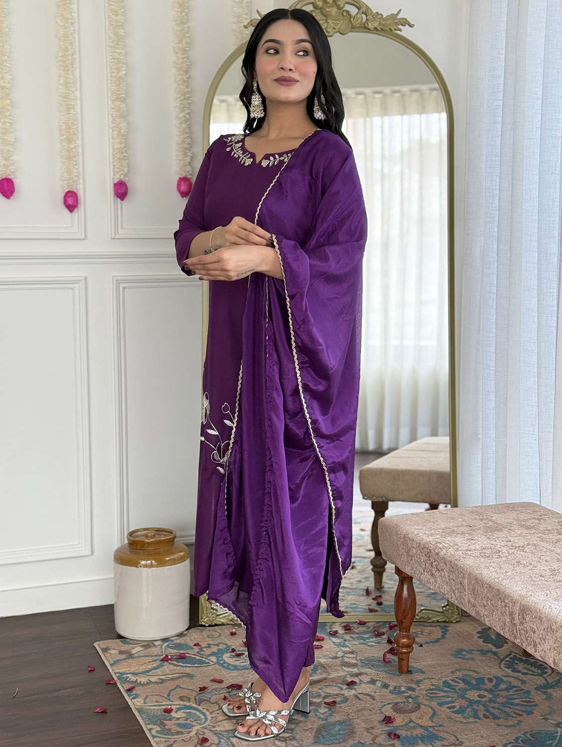 women solid with work three quarter sleeve kurta pant with dupatta set - 22379547 -  Standard Image - 2