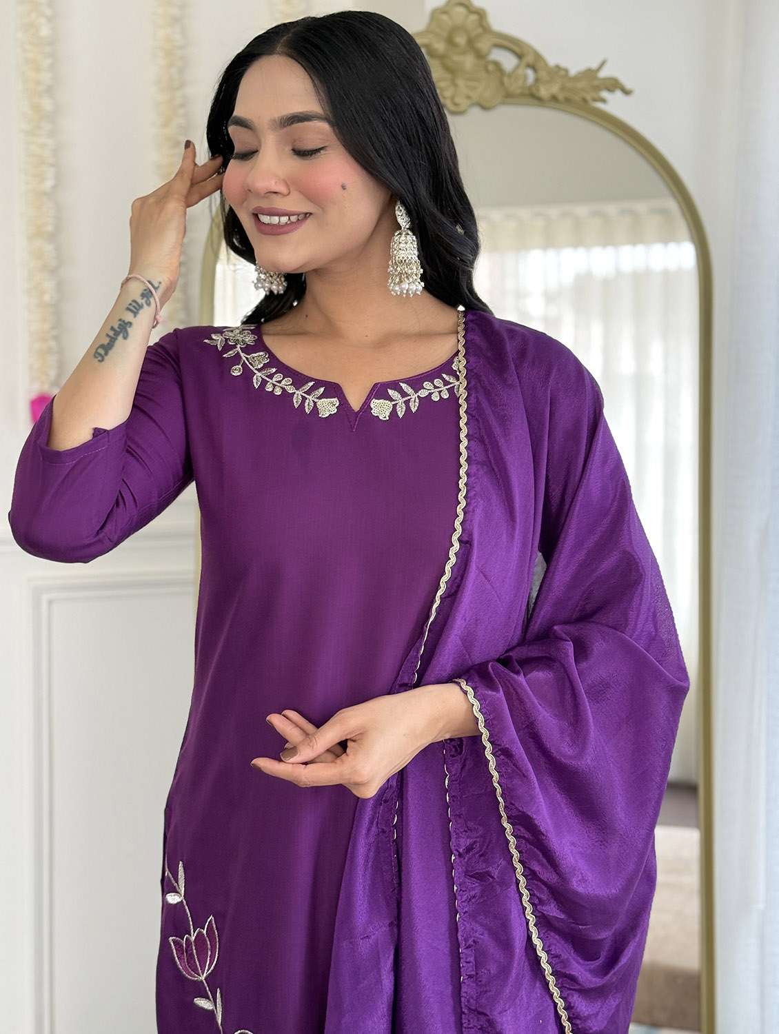 women solid with work three quarter sleeve kurta pant with dupatta set - 22379547 -  Standard Image - 7