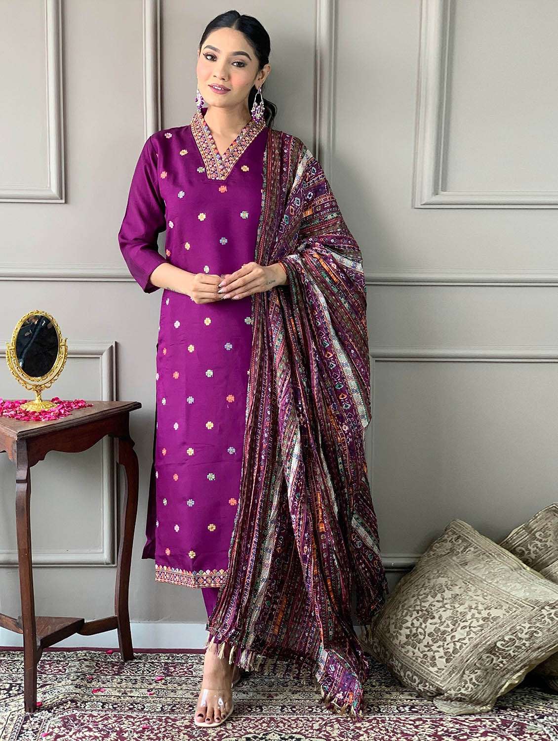 women self design three quarter sleeve kurta pant with dupatta set