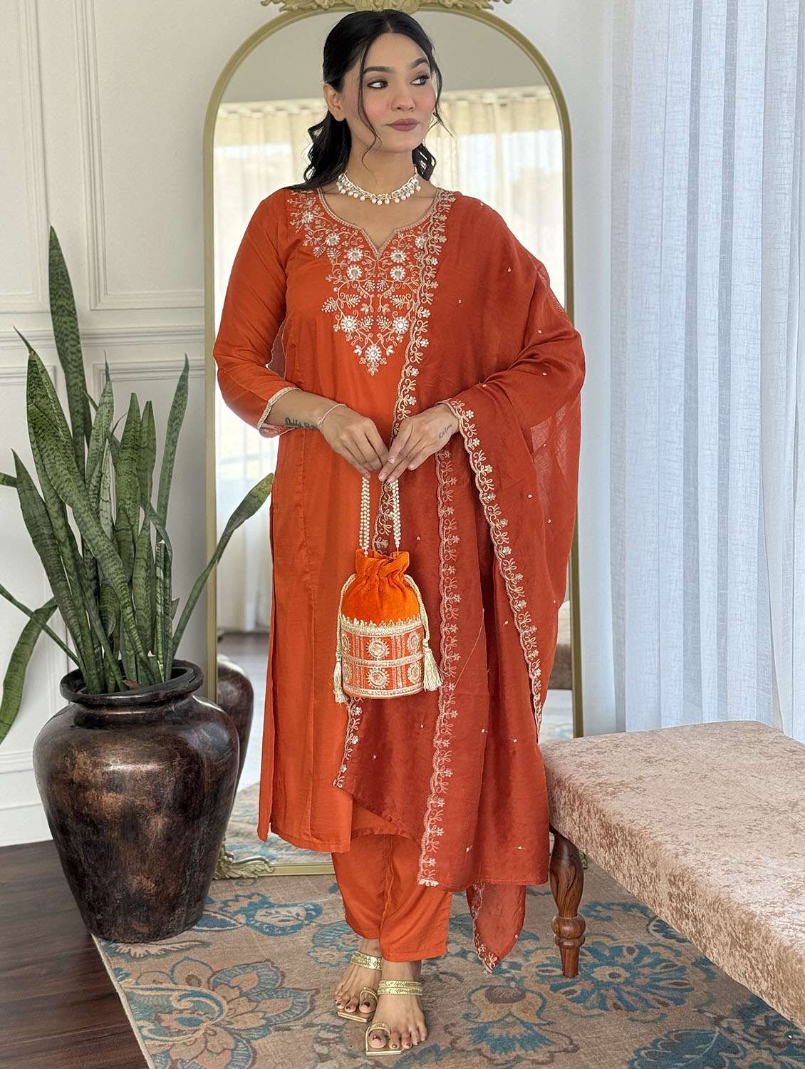 women solid with work three quarter sleeve kurta pant with dupatta set