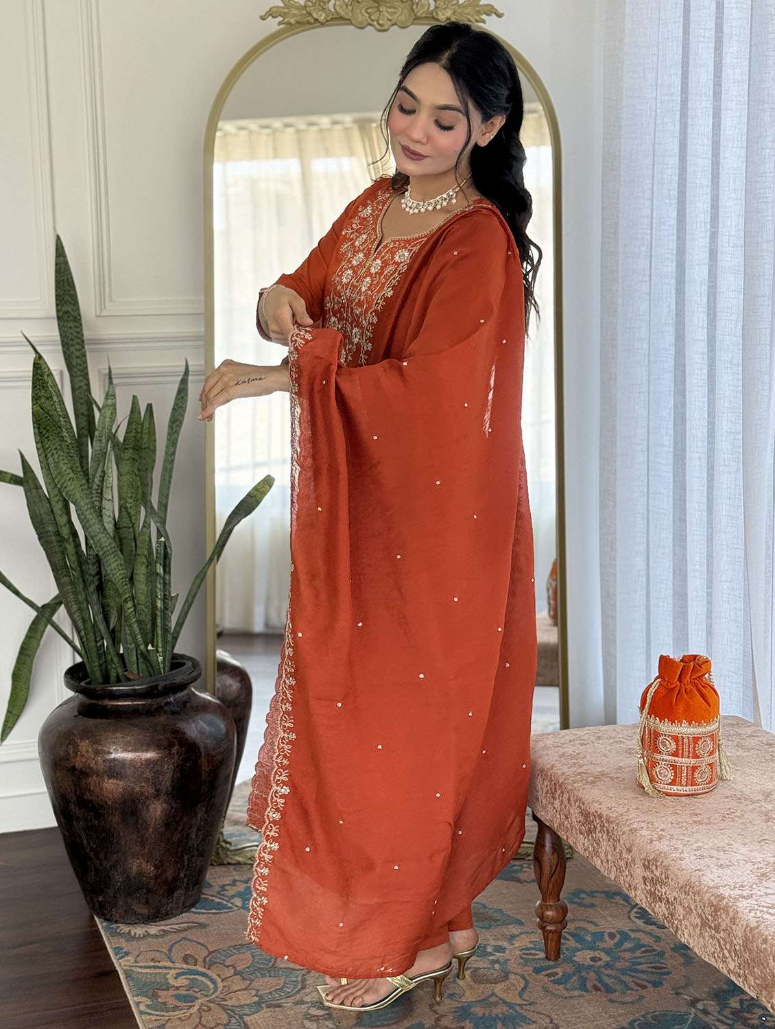 women solid with work three quarter sleeve kurta pant with dupatta set - 22379558 -  Standard Image - 2