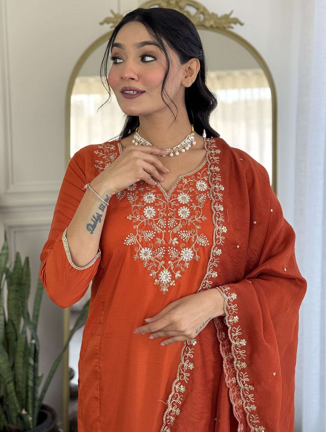 women solid with work three quarter sleeve kurta pant with dupatta set - 22379558 -  Standard Image - 7