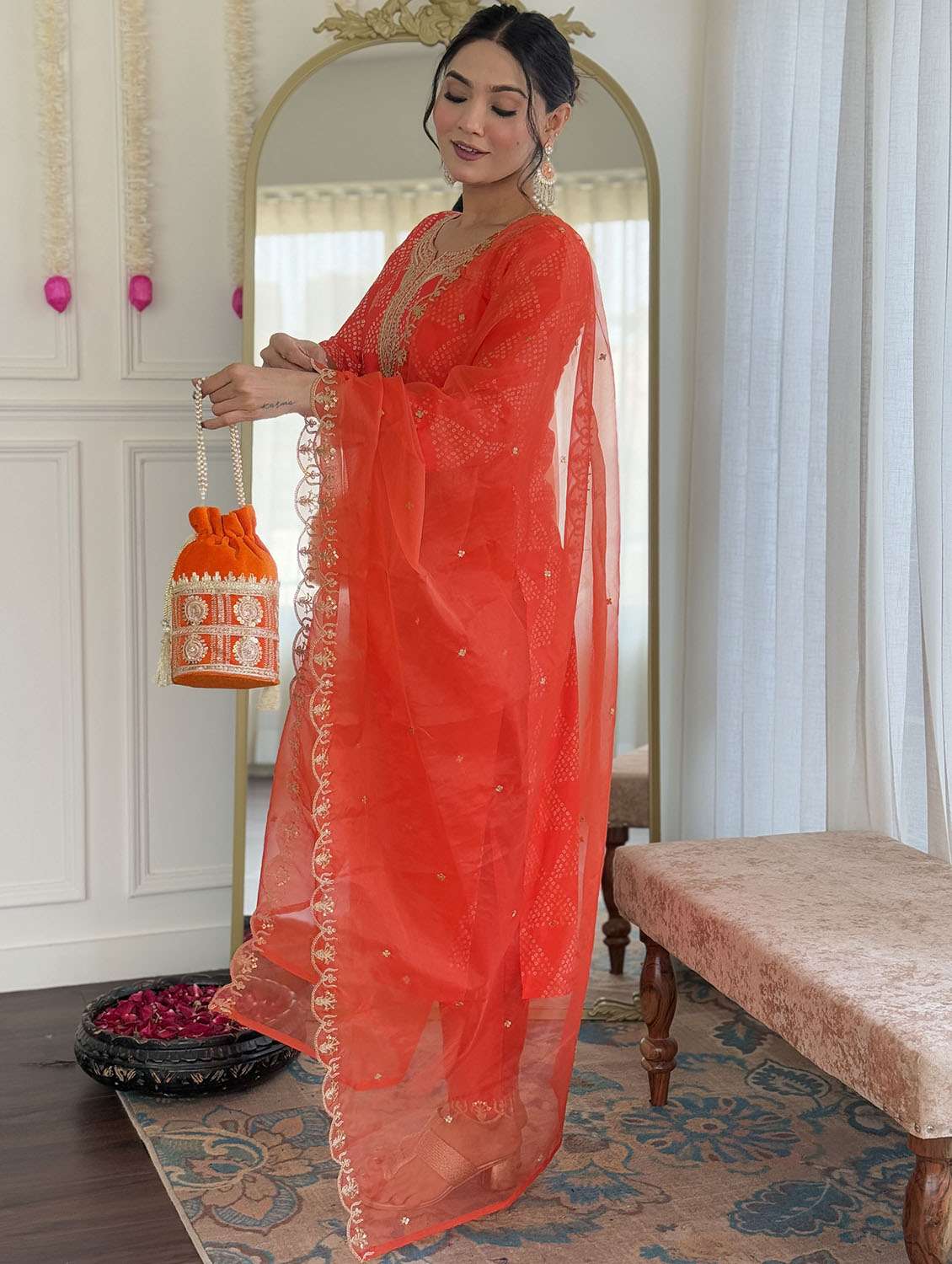 women bandhani three quarter sleeve kurta pant with dupatta set - 22379562 -  Standard Image - 2