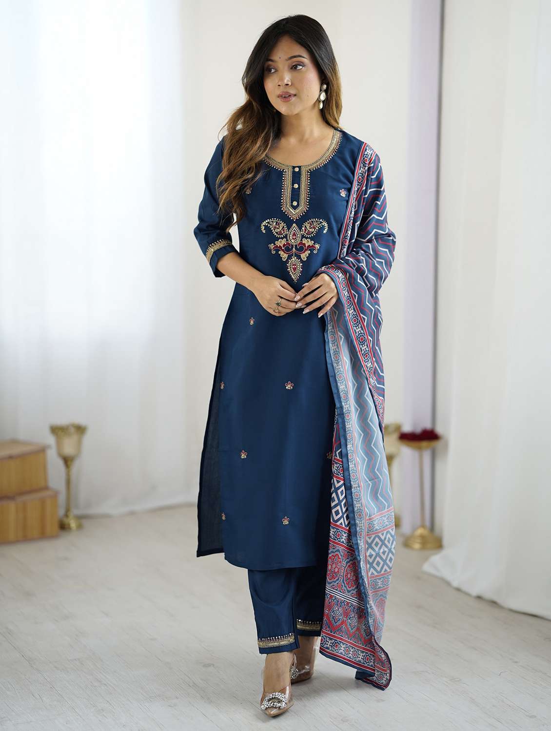 women solid with work three quarter sleeve kurta pant with dupatta set - 22379564 -  Standard Image - 2