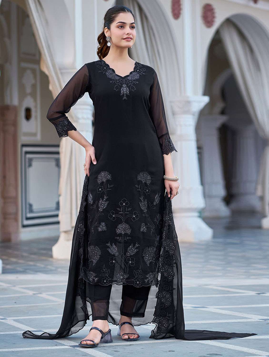 women solid with work three quarter sleeve kurta pant with dupatta set - 22379572 -  Standard Image - 2