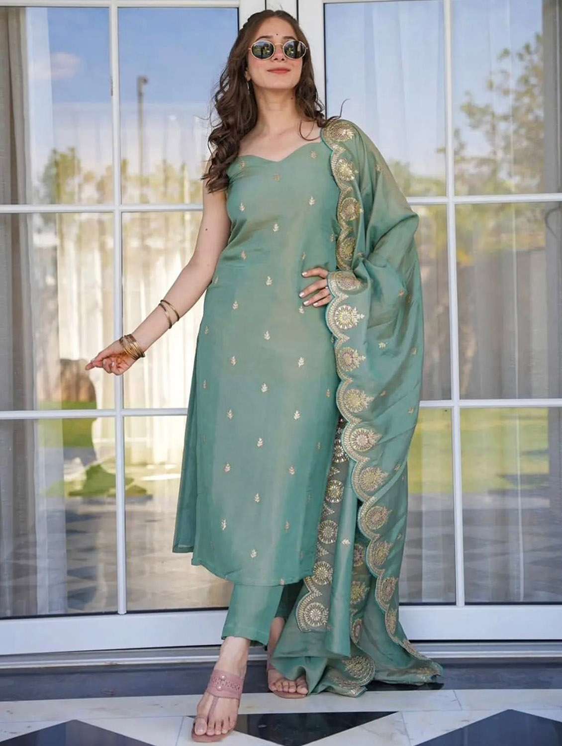 women solid with work sleeveless kurta pant with dupatta set - 22379574 -  Standard Image - 2