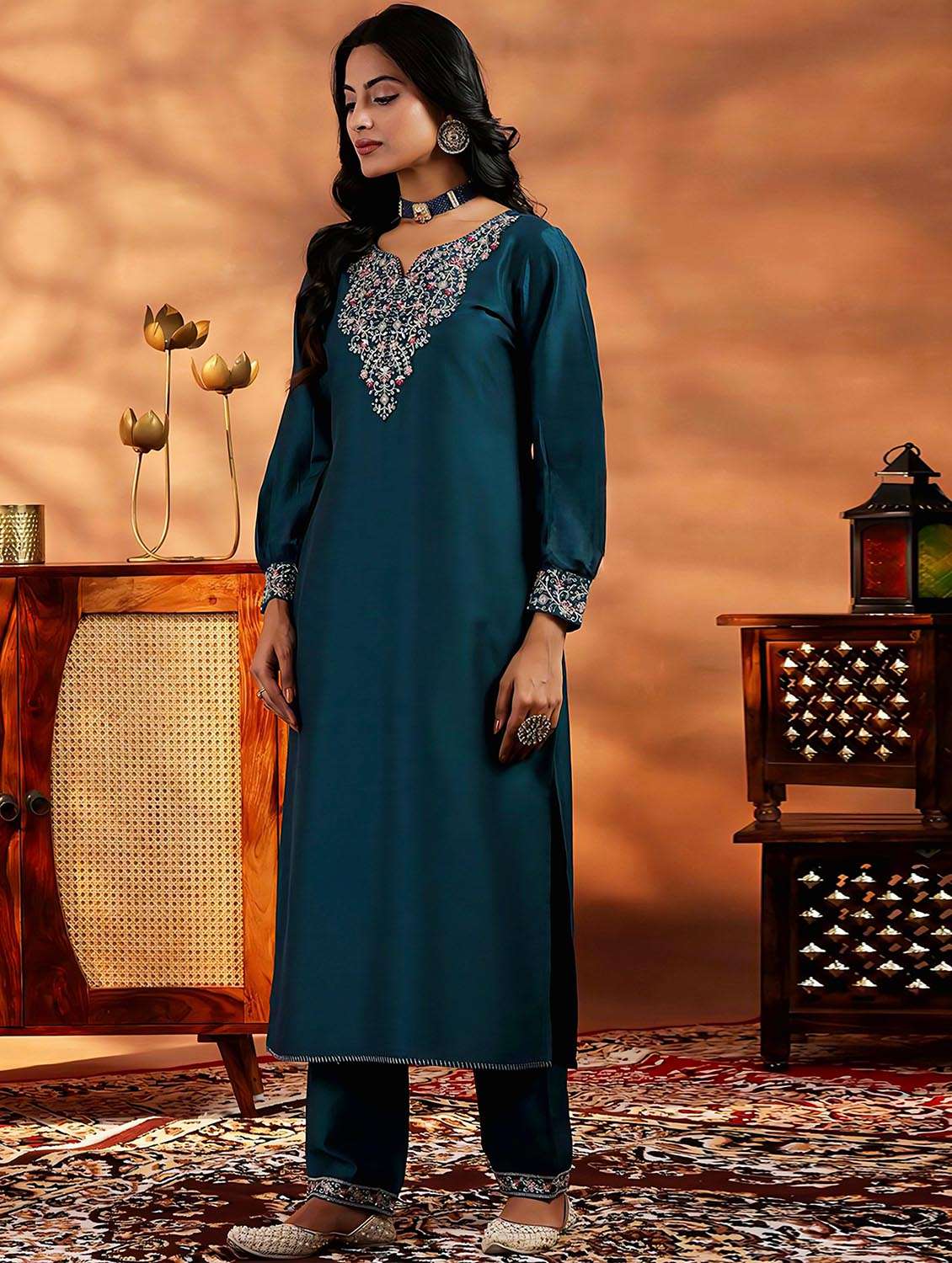 women solid with work long sleeve kurta pant with dupatta set - 22379579 -  Standard Image - 2