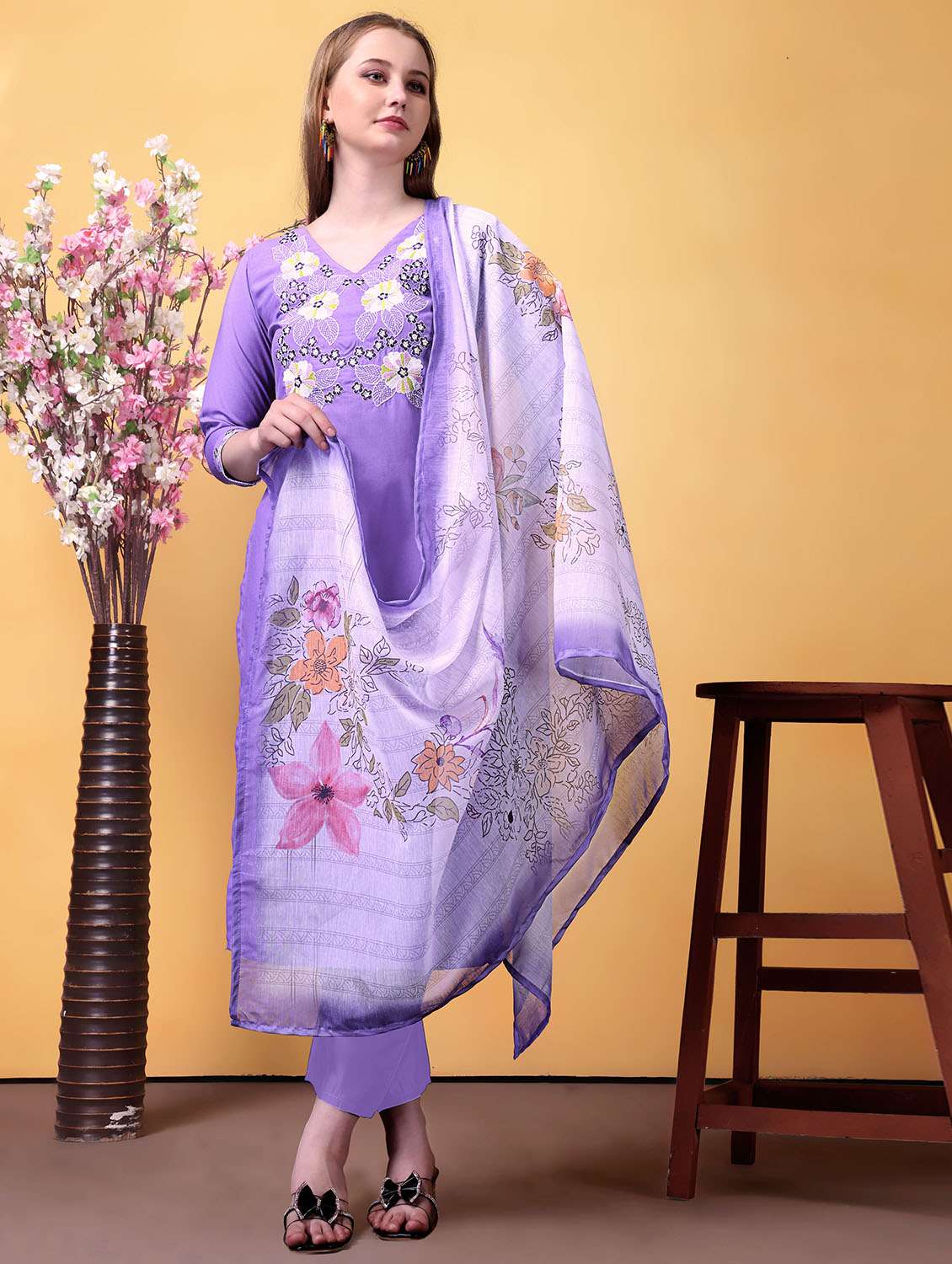 women solid with work three quarter sleeve kurta pant with dupatta set - 22379582 -  Standard Image - 2