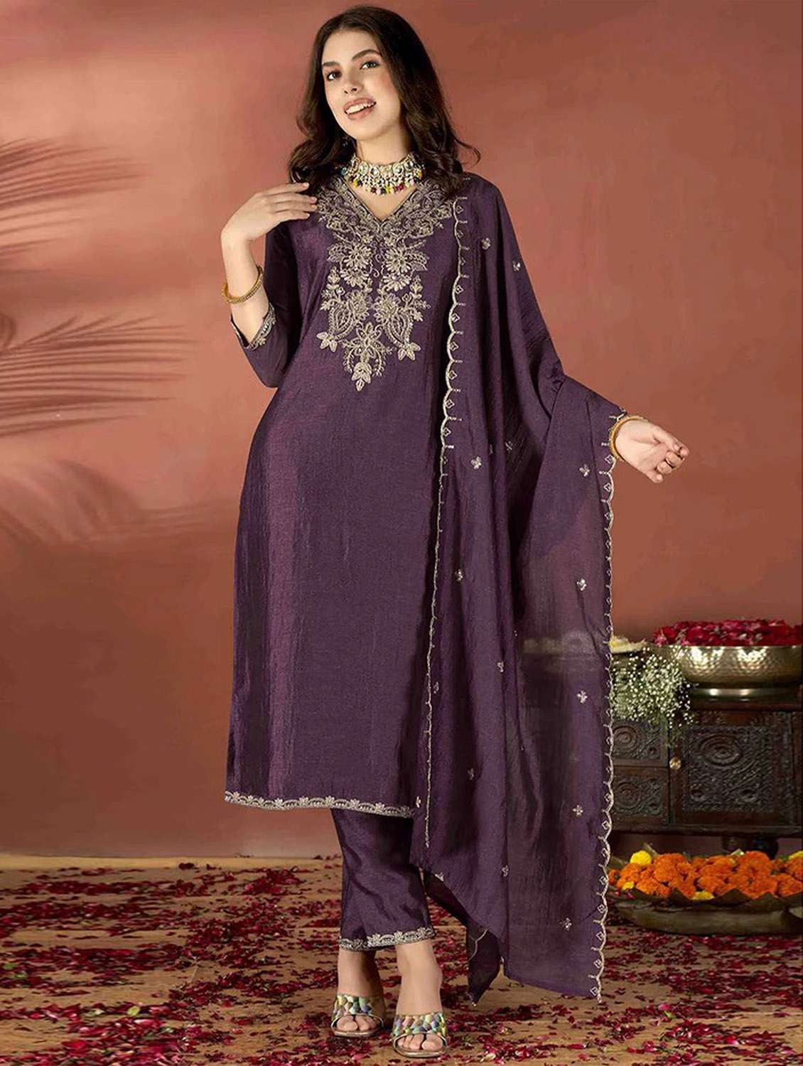 women solid with work three quarter sleeve kurta pant with dupatta set