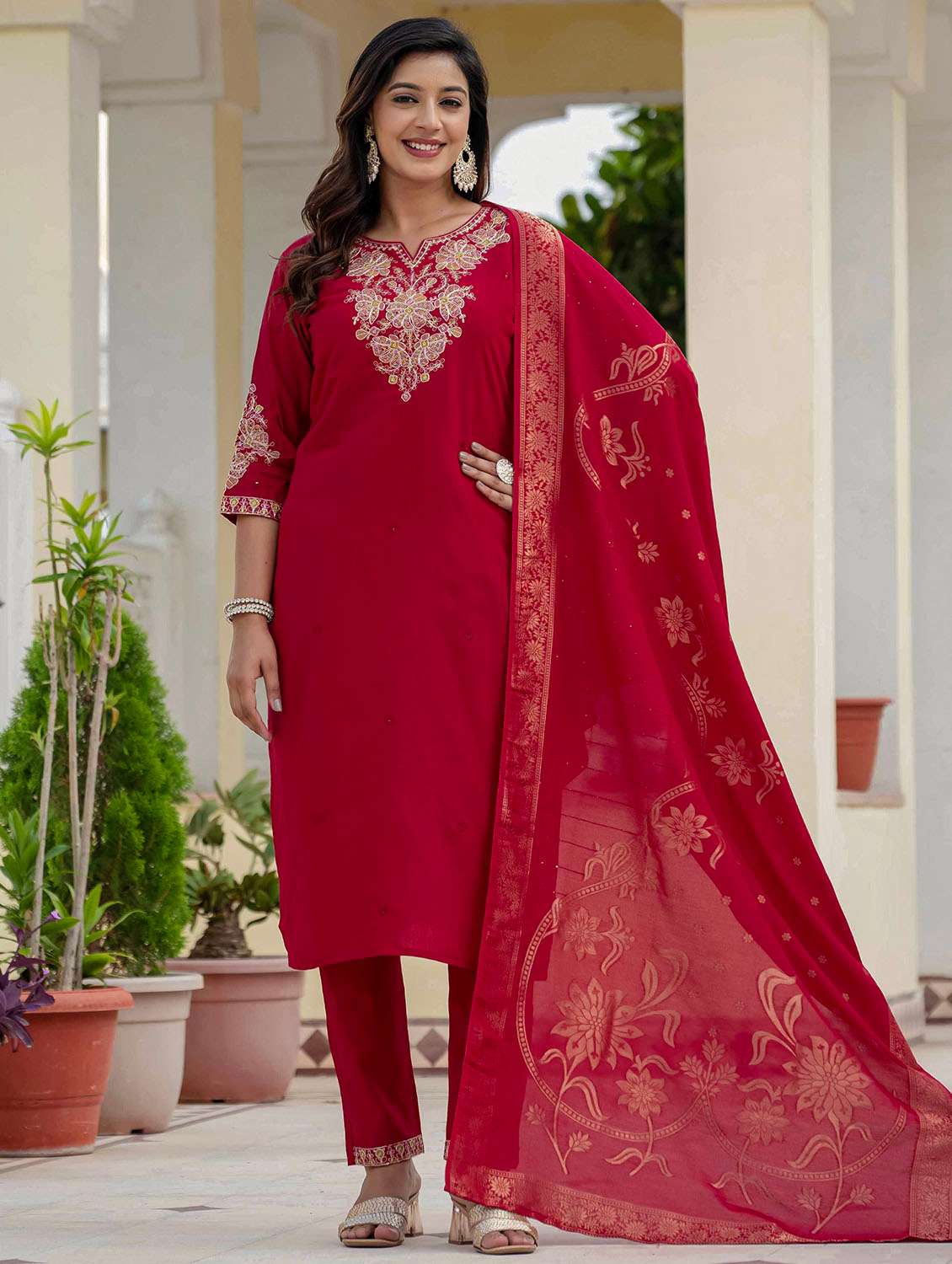 Women Solid With Work Three Quarter Sleeve Kurta Pant With Dupatta Set - 22379584 -  Standard Image - 2