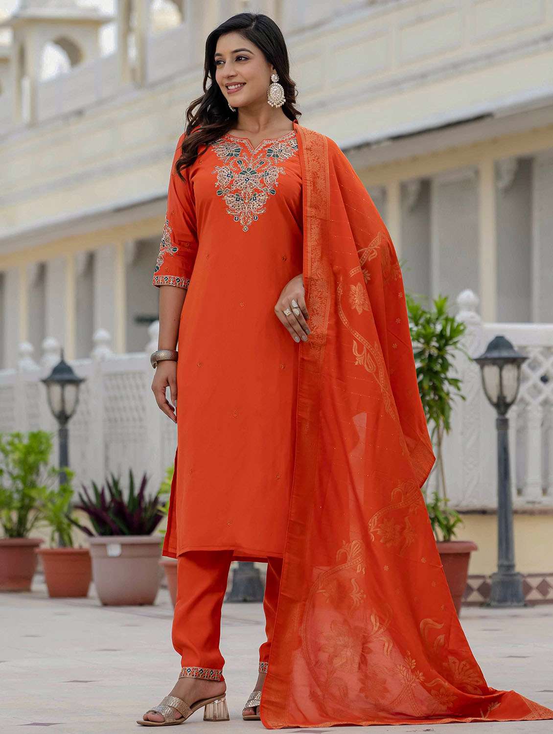 Women Solid With Work Three Quarter Sleeve Kurta Pant With Dupatta Set - 22379585 -  Standard Image - 2