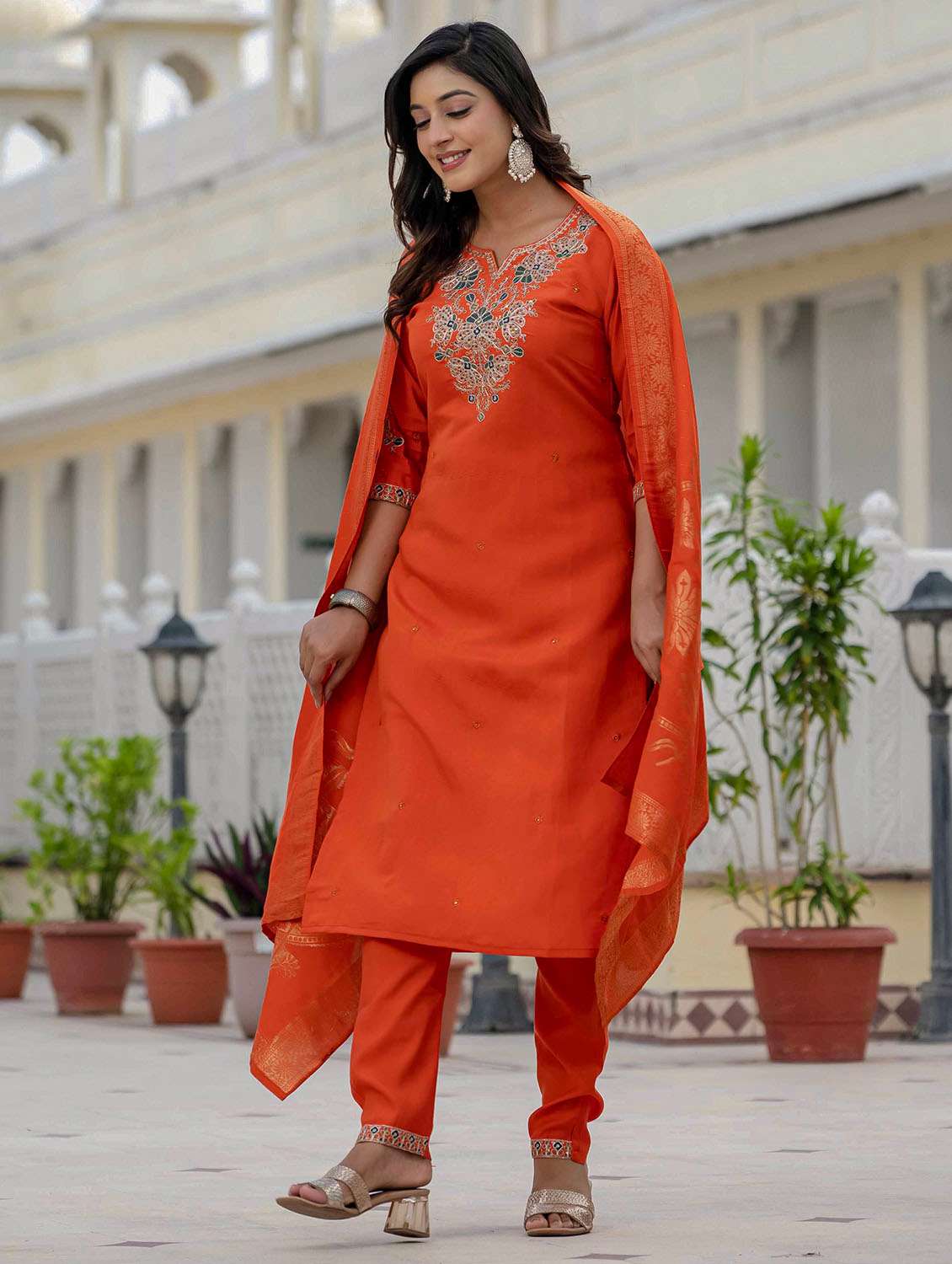 Women Solid With Work Three Quarter Sleeve Kurta Pant With Dupatta Set - 22379585 -  Standard Image - 7