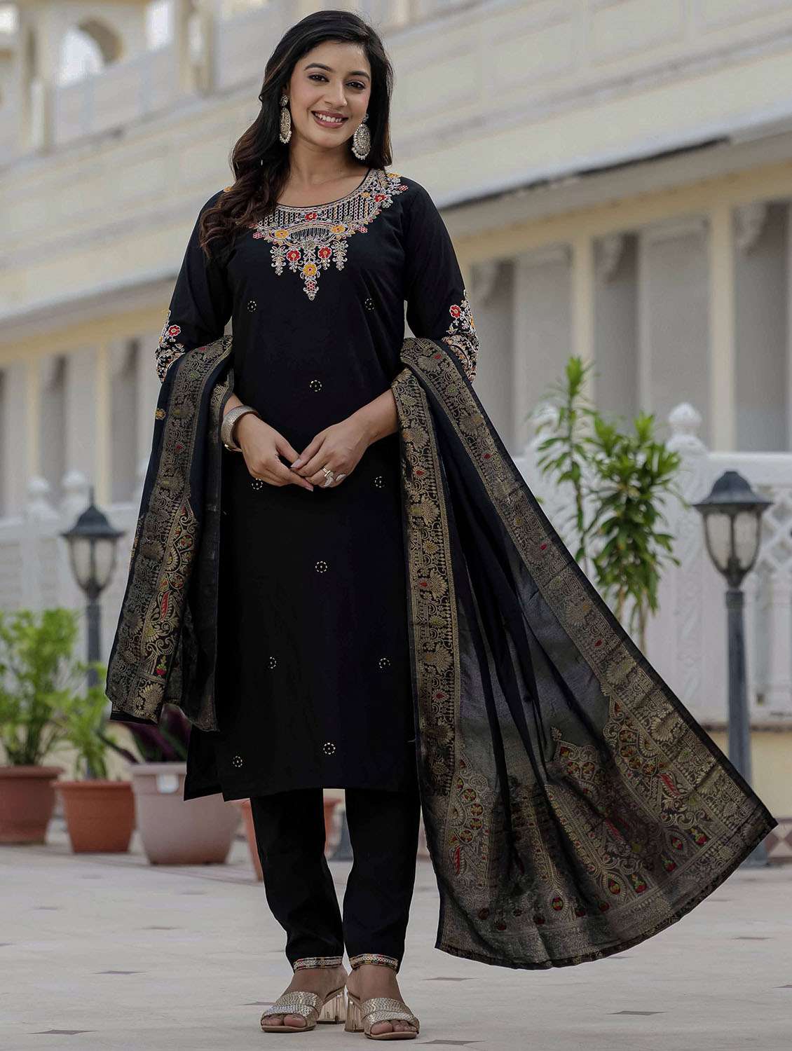 women solid with work three quarter sleeve kurta pant with dupatta set - 22379587 -  Standard Image - 2