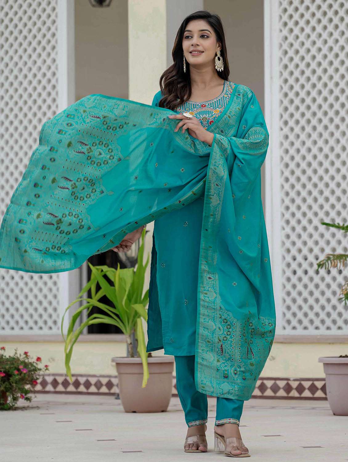 women solid with work three quarter sleeve kurta pant with dupatta set - 22379588 -  Standard Image - 2