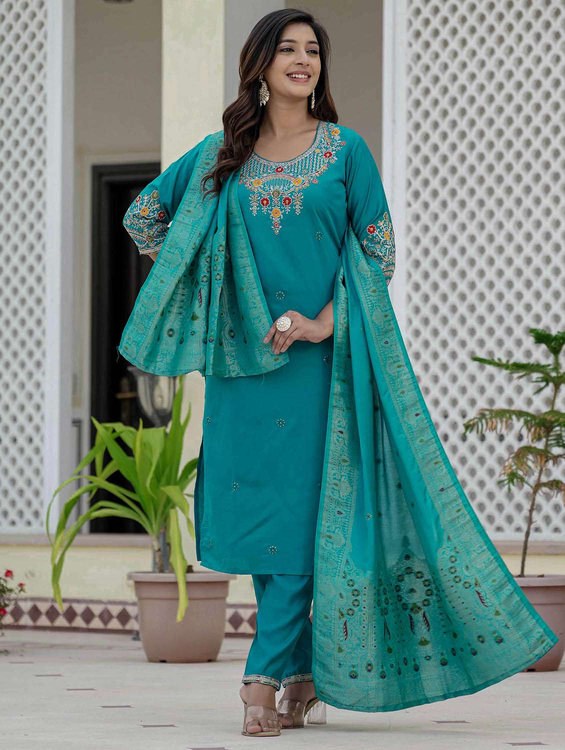 women solid with work three quarter sleeve kurta pant with dupatta set - 22379588 -  Standard Image - 7
