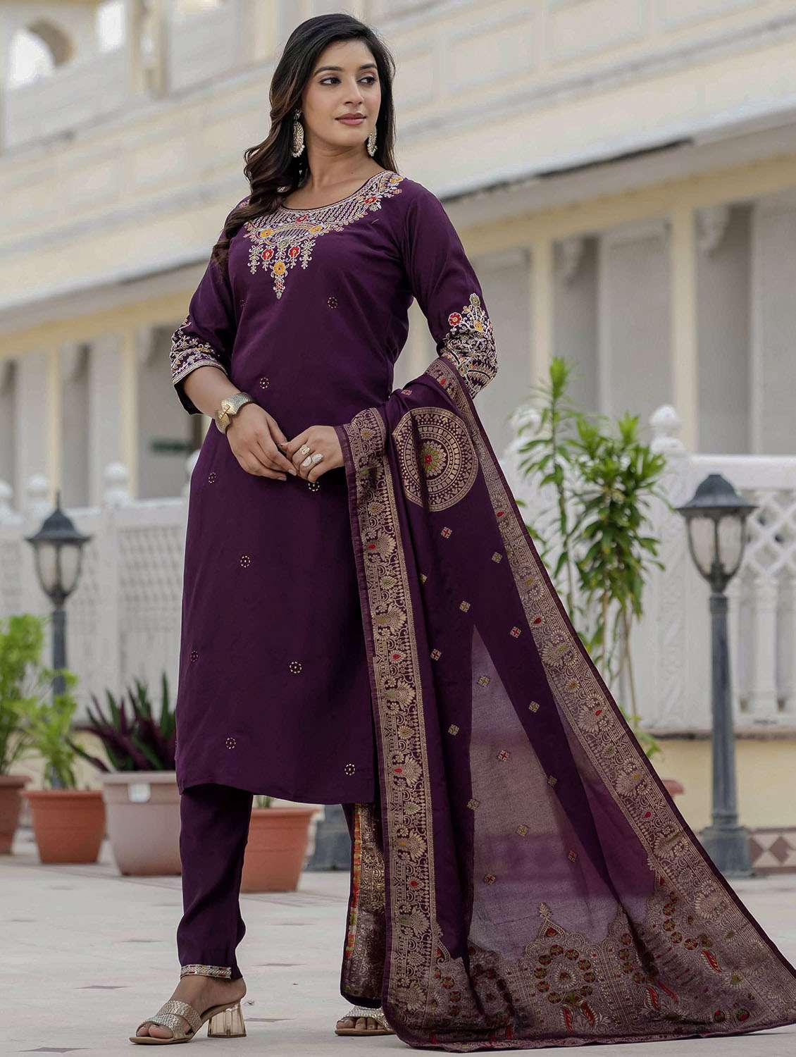 women solid with work three quarter sleeve kurta pant with dupatta set - 22379589 -  Standard Image - 2